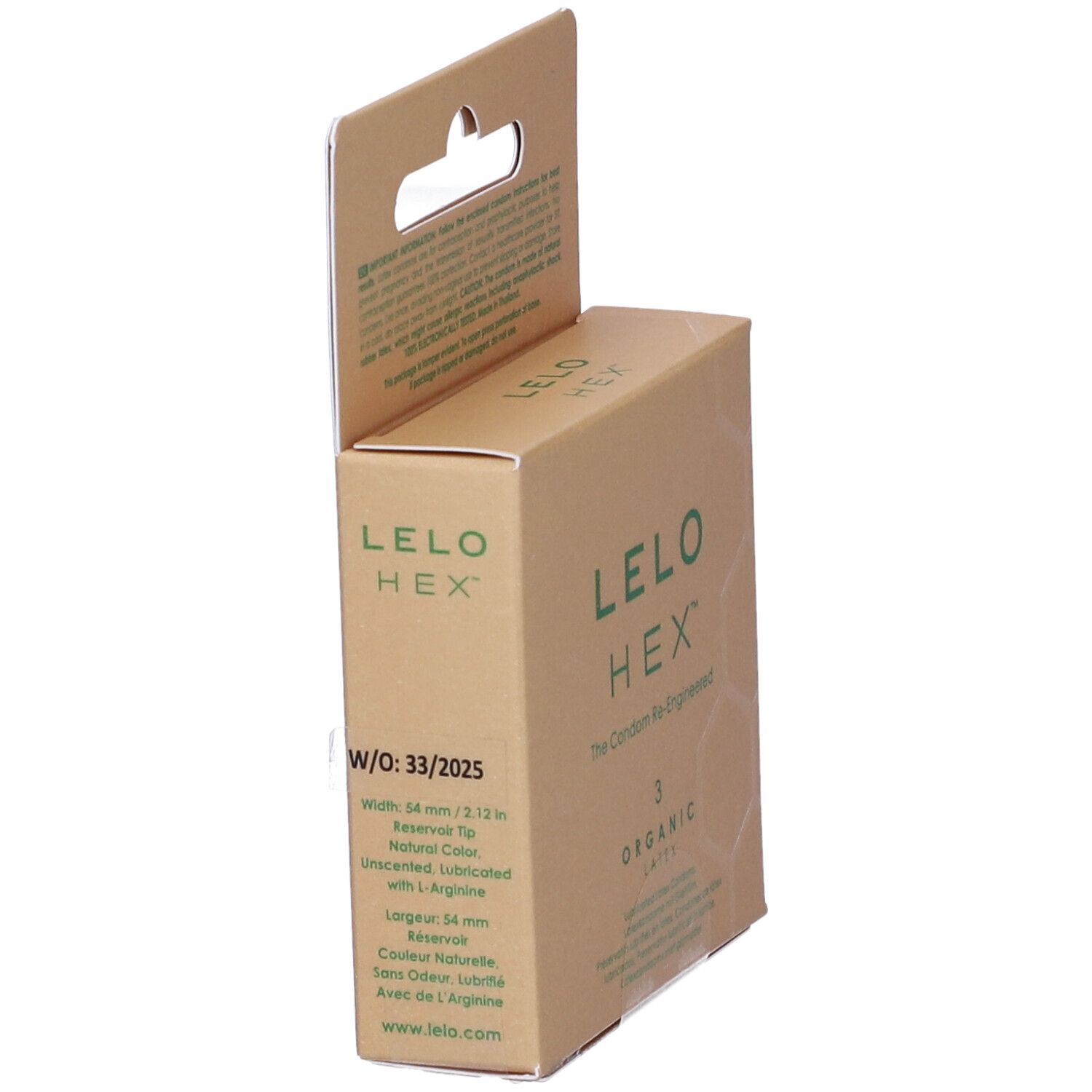 Kartonverpackung LELO HEX, Seitenansicht. Enthält 3 Kondome. Aufdruck: The Condom Re-Engineered. Mit Informationen zu Größe und Inhaltsstoffen.