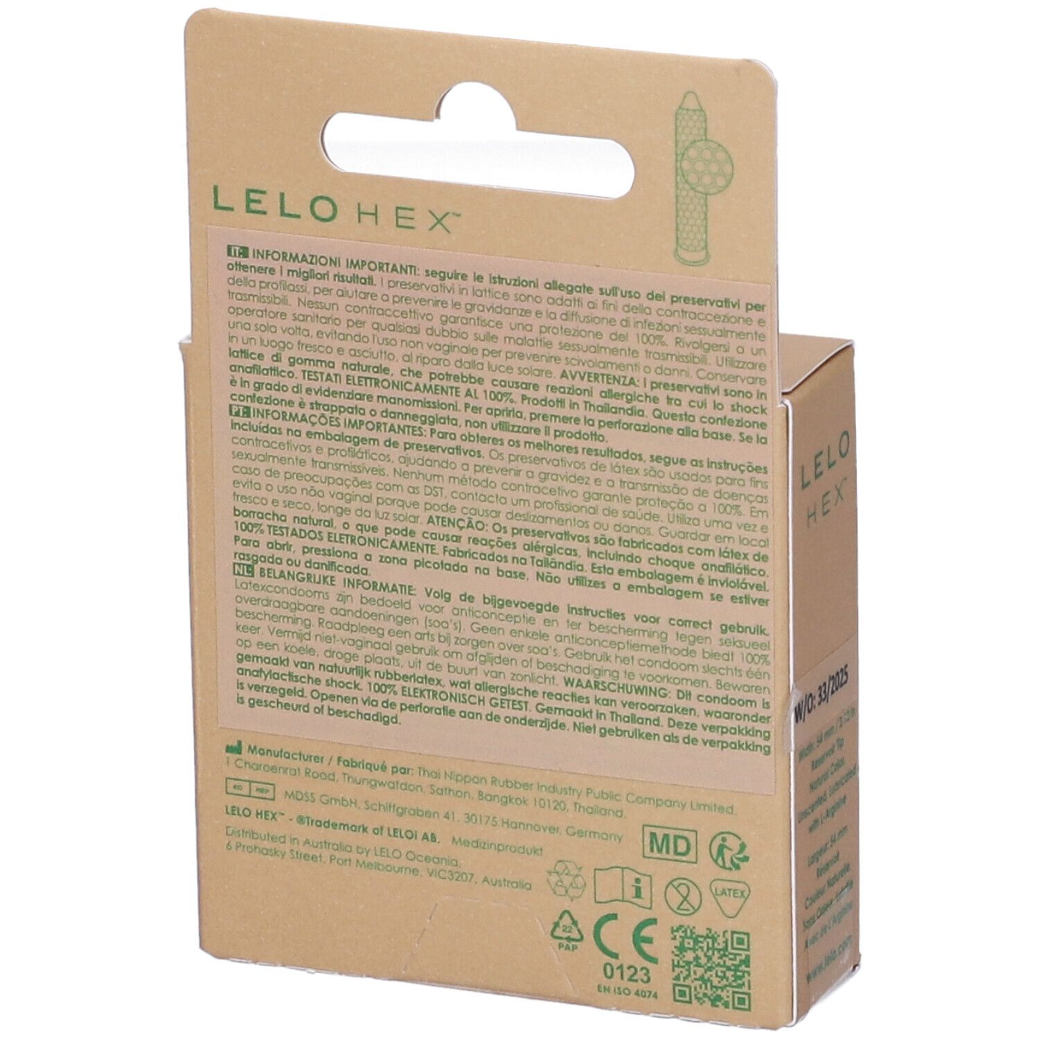 Rückseite der LELO HEX-Kartonverpackung. Text in mehreren Sprachen. Enthält Informationen zu Inhaltsstoffen und Hersteller.