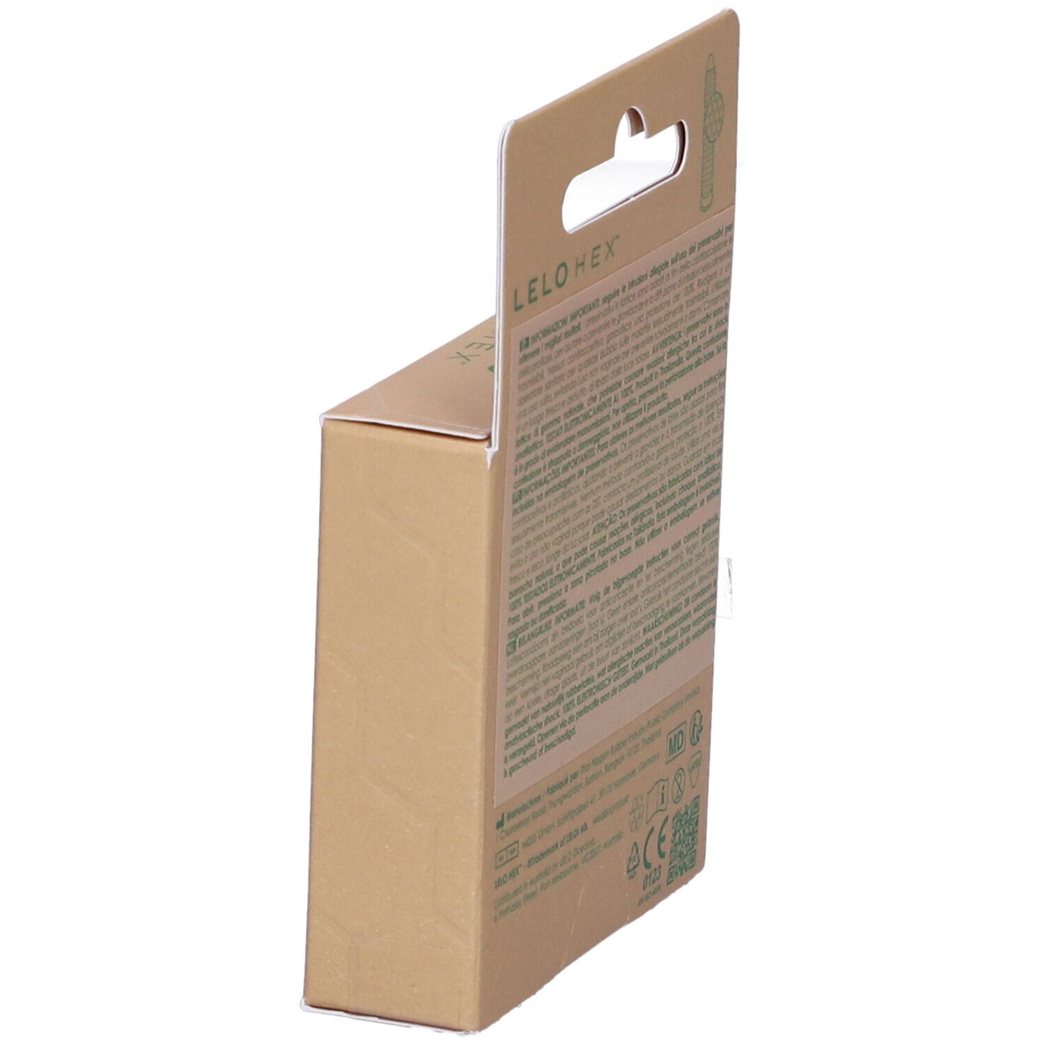 Seitenansicht der LELO HEX-Kartonverpackung. Text und Logo. Enthält Informationen zu Inhaltsstoffen und Hersteller.