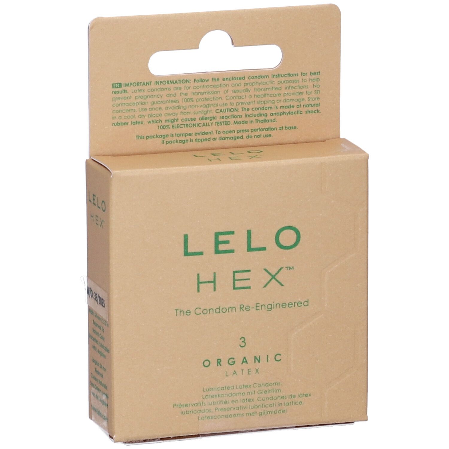 Kartonverpackung LELO HEX mit Text. Enthält 3 Kondome aus Bio-Latex. Aufdruck: The Condom Re-Engineered.