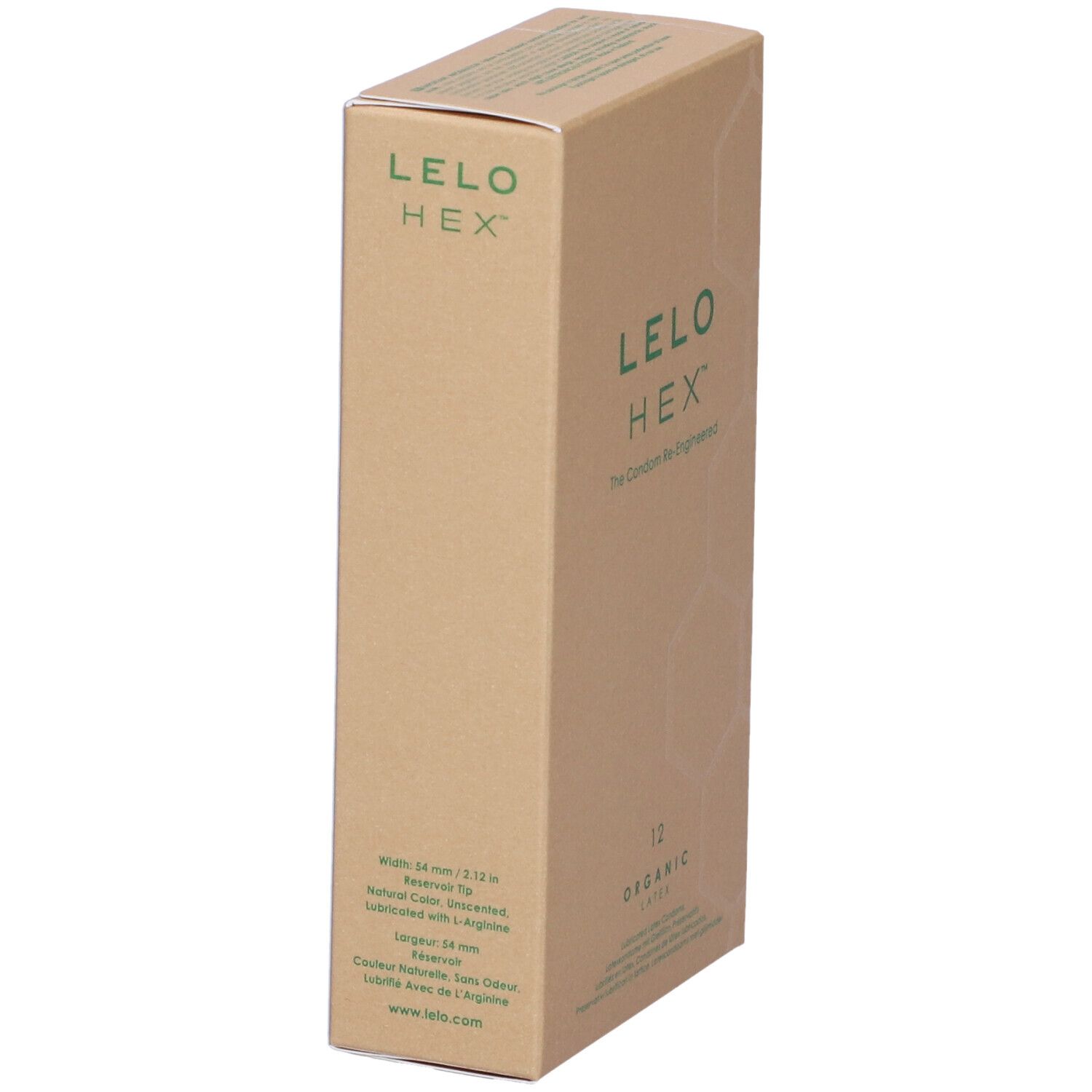 Kartonverpackung mit LELO HEX-Logo und Produktinformationen. Enthält 12 Kondome.