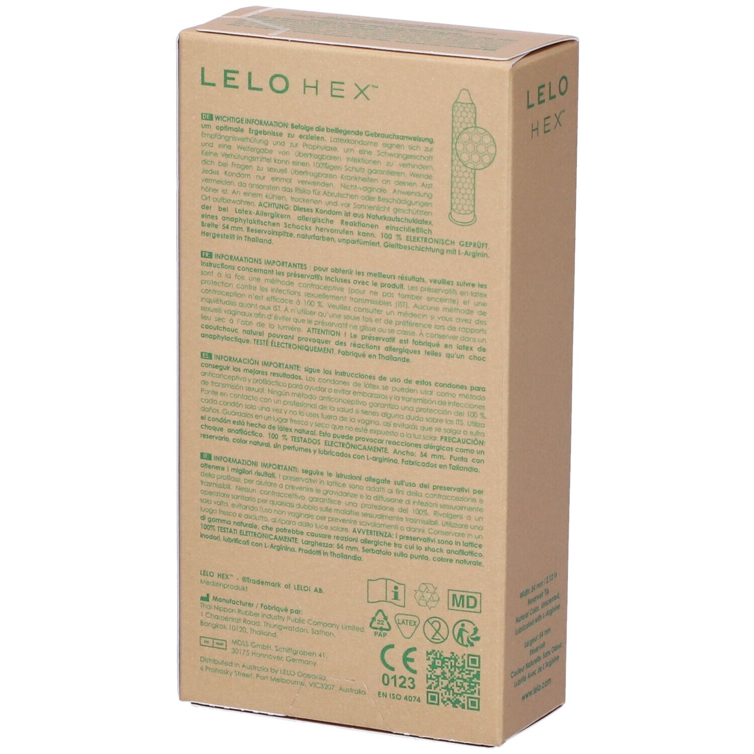 Rückseite der Kartonverpackung mit Produktinformationen, Zertifizierungen und QR-Code. LELO HEX.