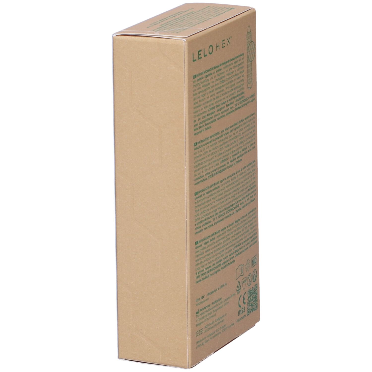 Kartonverpackung mit Produktinformationen und Zertifizierungen. LELO HEX.