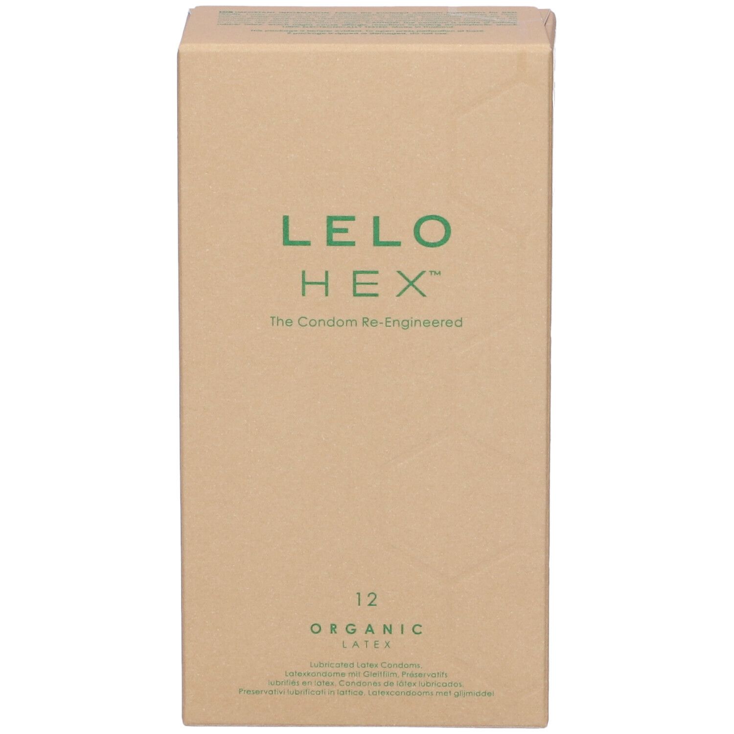 Kartonverpackung mit LELO HEX-Logo und der Aufschrift "Organic Latex". Enthält 12 Kondome.
