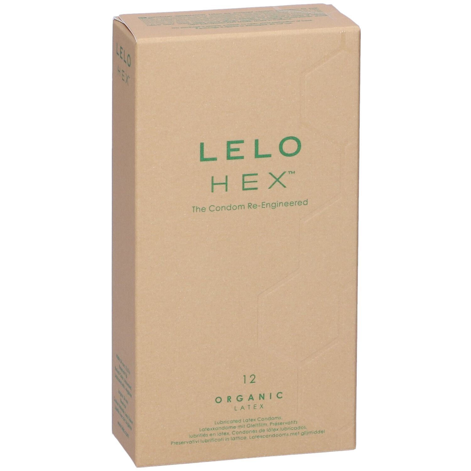 Kartonverpackung mit LELO HEX-Logo und der Aufschrift "Organic Latex". Enthält 12 Kondome.
