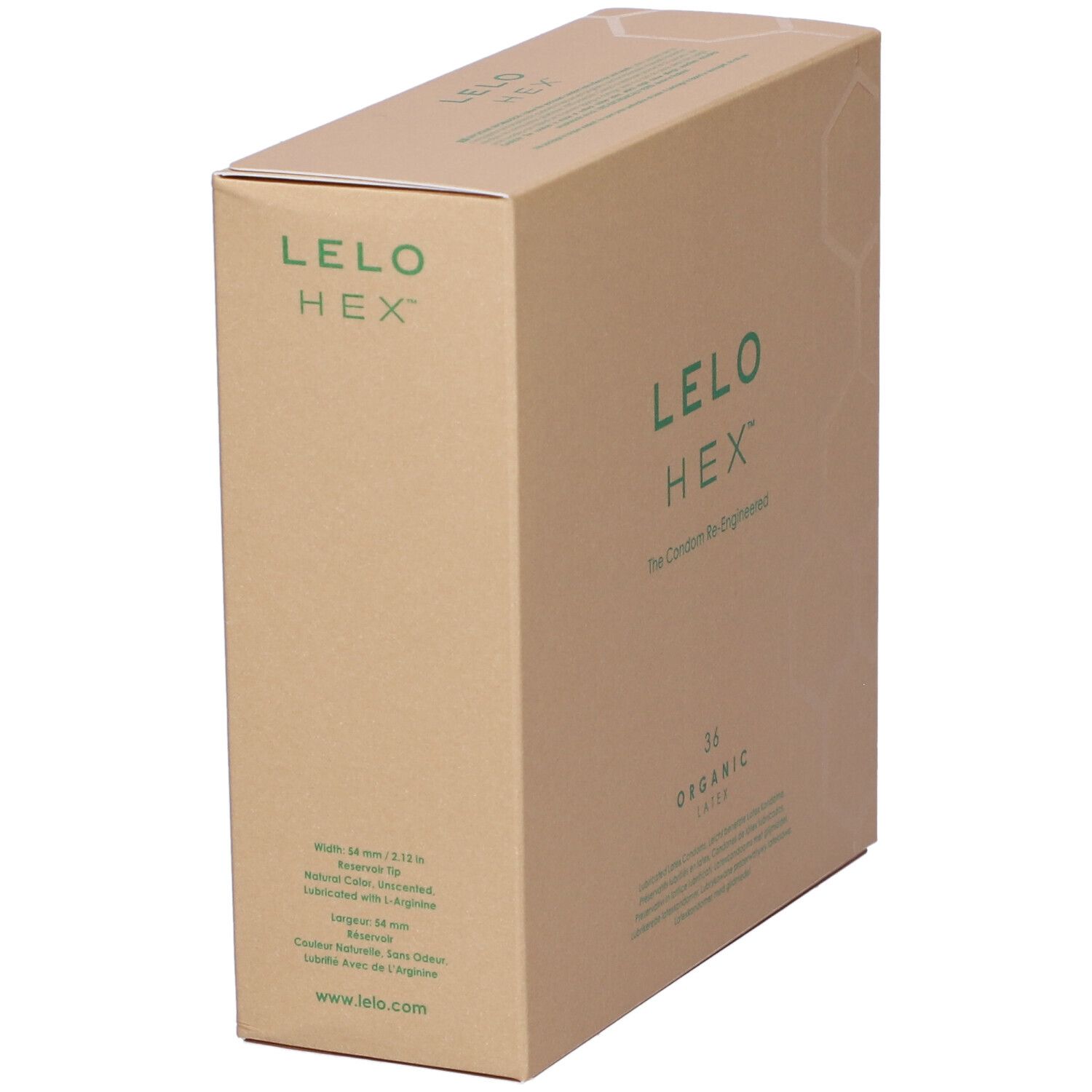 Braune Kartonverpackung mit grünem LELO HEX Logo. Text: 36 Organic Latex. Winkelansicht.