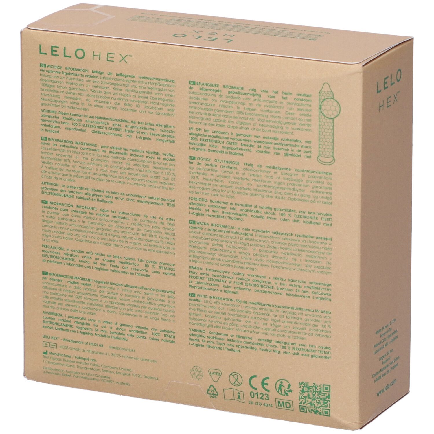 Rückseite der Kartonverpackung mit Text in mehreren Sprachen. Grünes LELO HEX Logo.