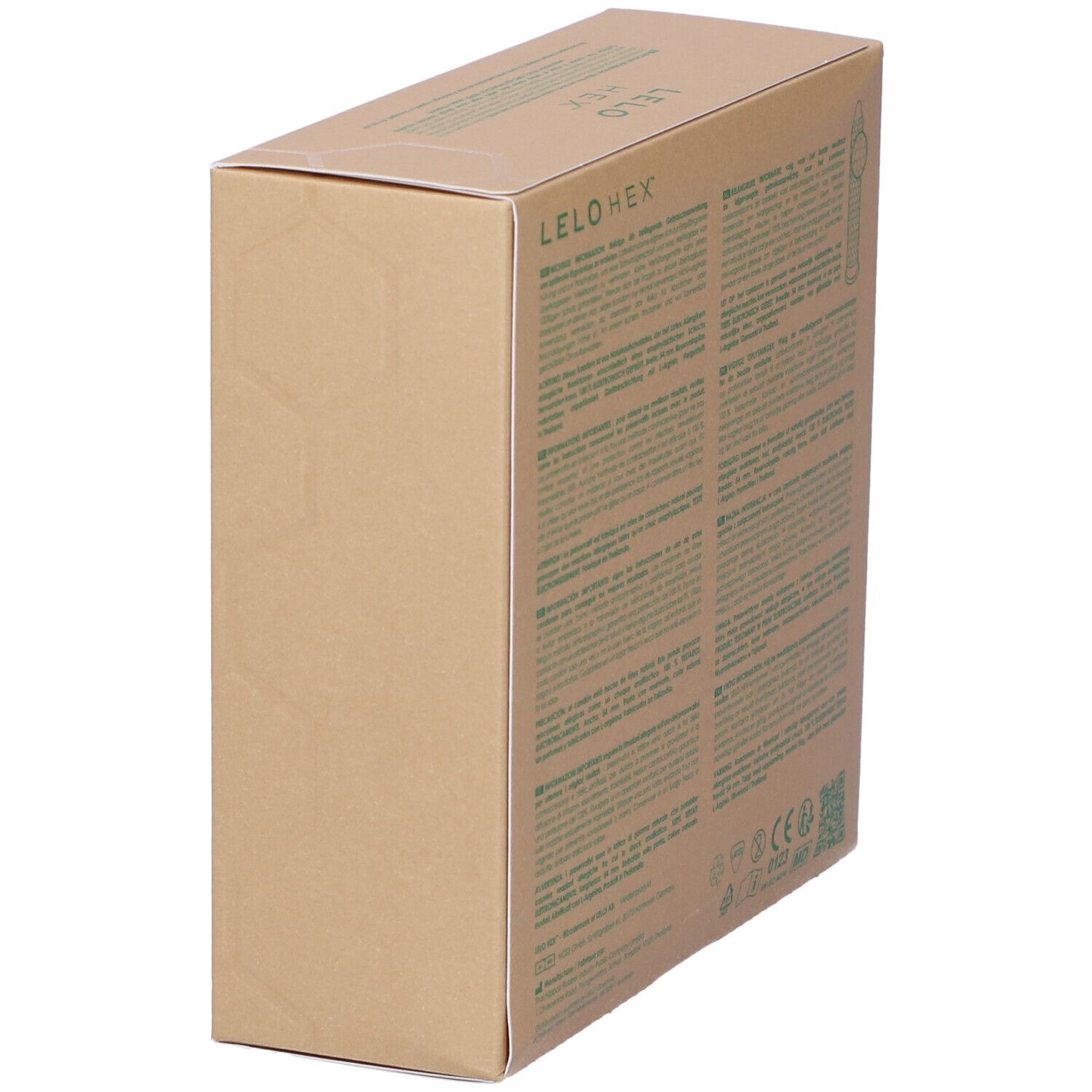 Braune Kartonverpackung mit Text in mehreren Sprachen. Grünes LELO HEX Logo. Winkelansicht.