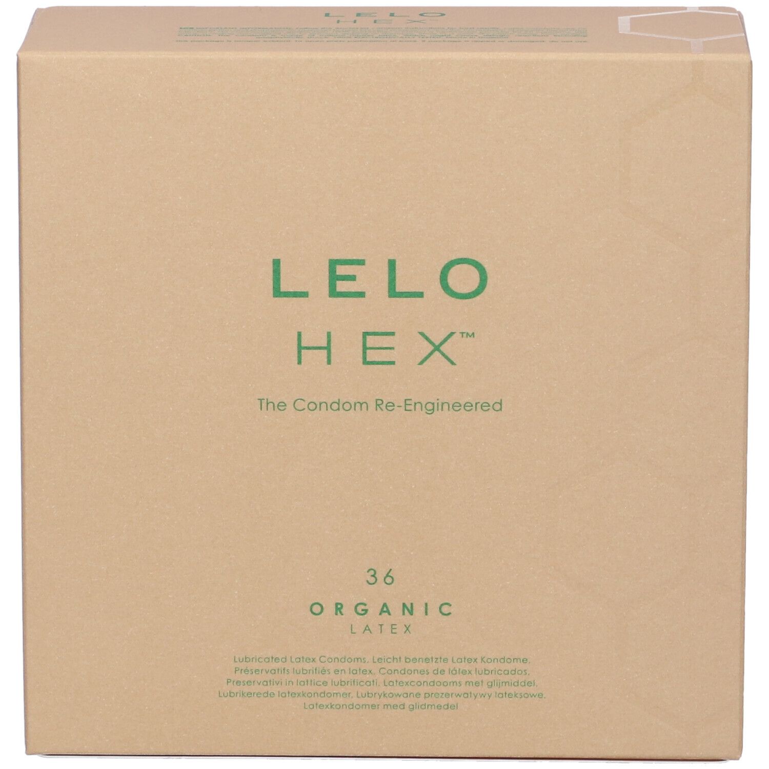 Kartonverpackung mit grünem LELO HEX Logo. Text: 36 Organic Latex. Braune Verpackung.