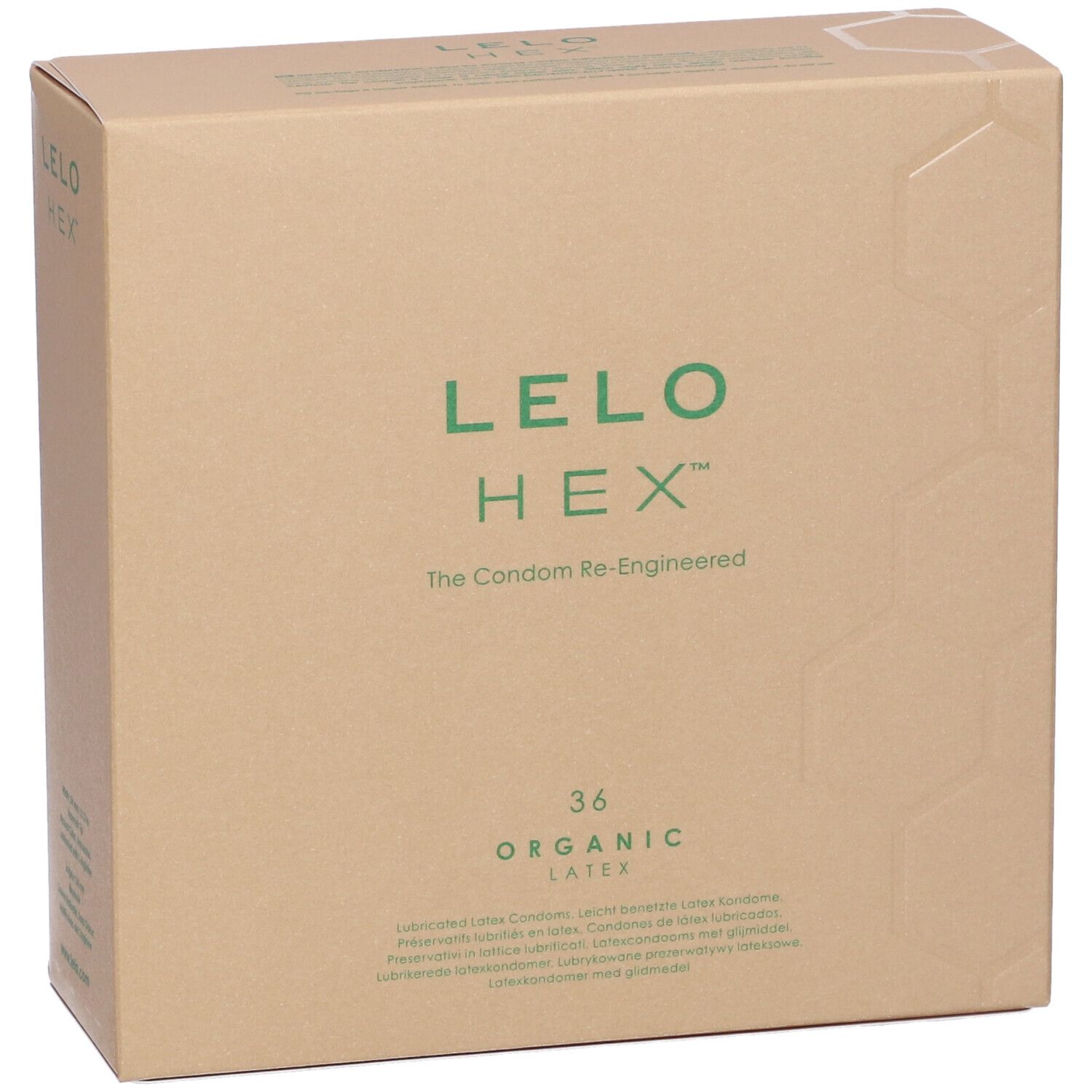 Kartonverpackung mit grünem LELO HEX Logo. Text: 36 Organic Latex. Braune Verpackung.