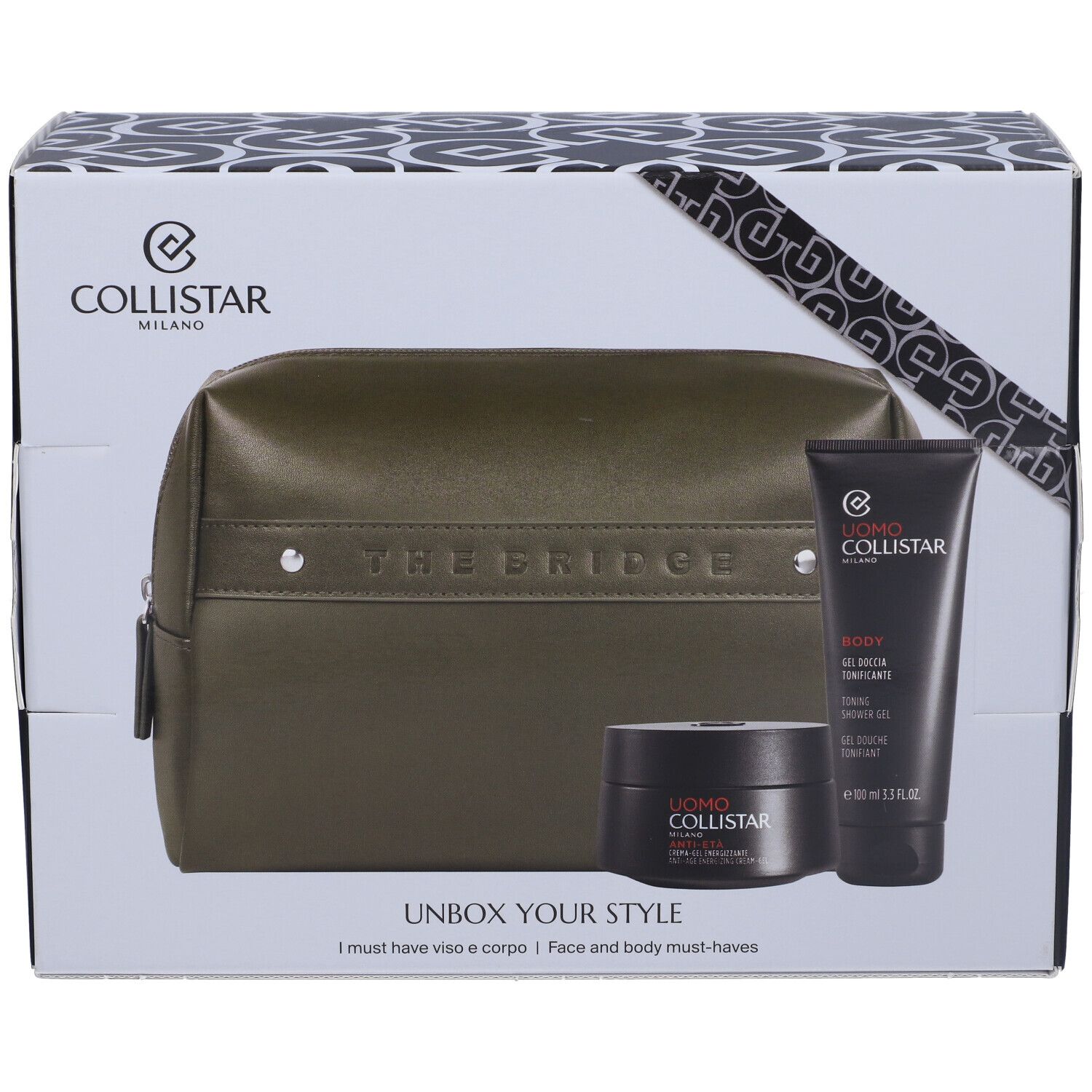 Geschenkset mit Kosmetikprodukten und Tasche. Enthält Creme-Gel, Duschgel und eine grüne Tasche mit THE BRIDGE-Logo. Verpackung mit Collistar-Logo.