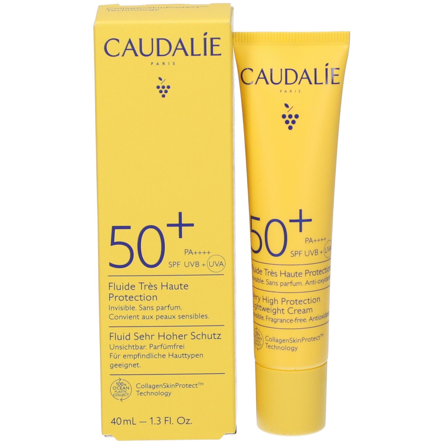 Gelbe Schachtel und Tube. Auf der Schachtel steht CAUDALIE PARIS. Darunter 50+ und weitere Angaben. Aufschrift: Fluide Très Haute Protection.