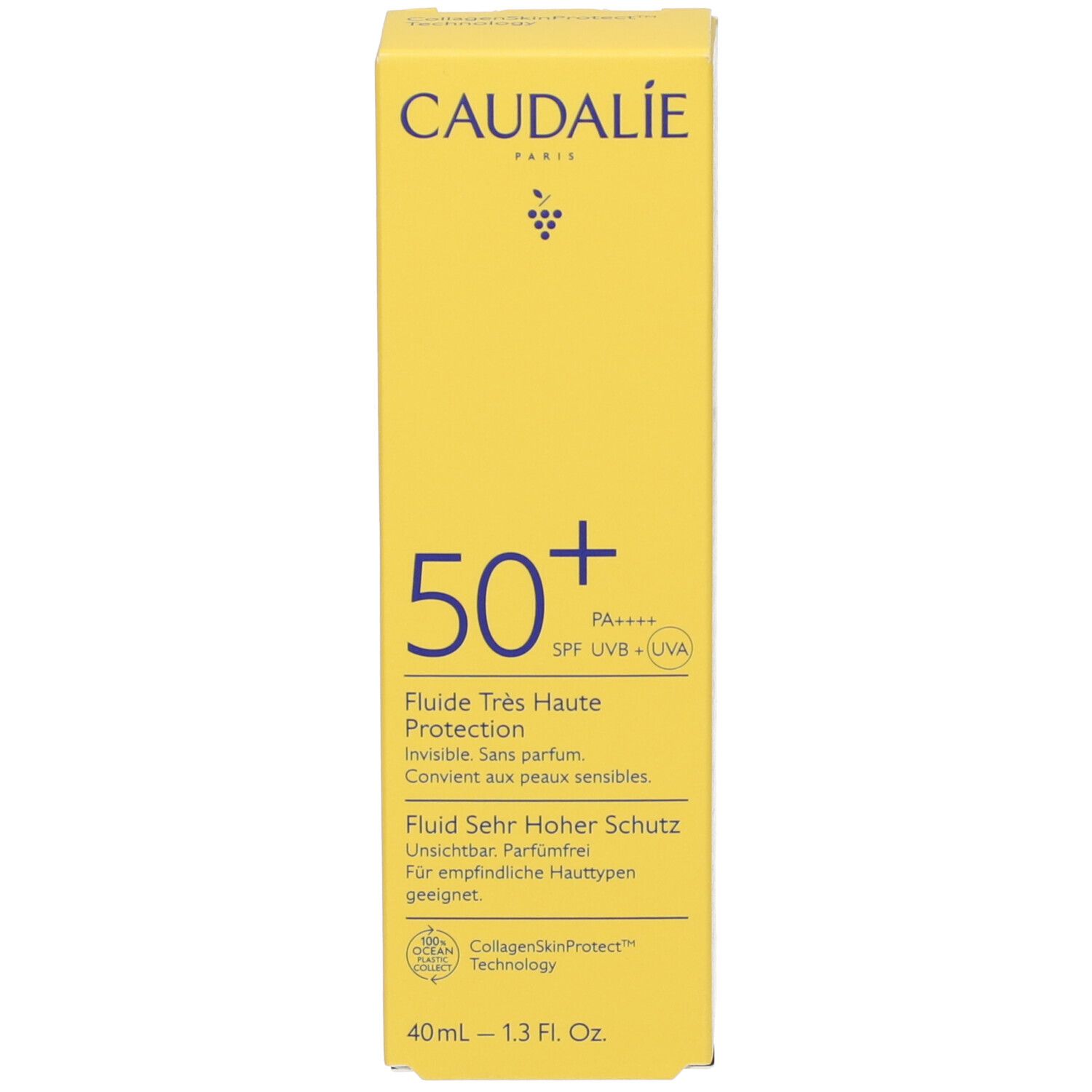 Gelbe Schachtel mit weißer Schrift. Oben steht CAUDALIE PARIS. Darunter 50+ und weitere Angaben. Aufschrift: Fluide Très Haute Protection.