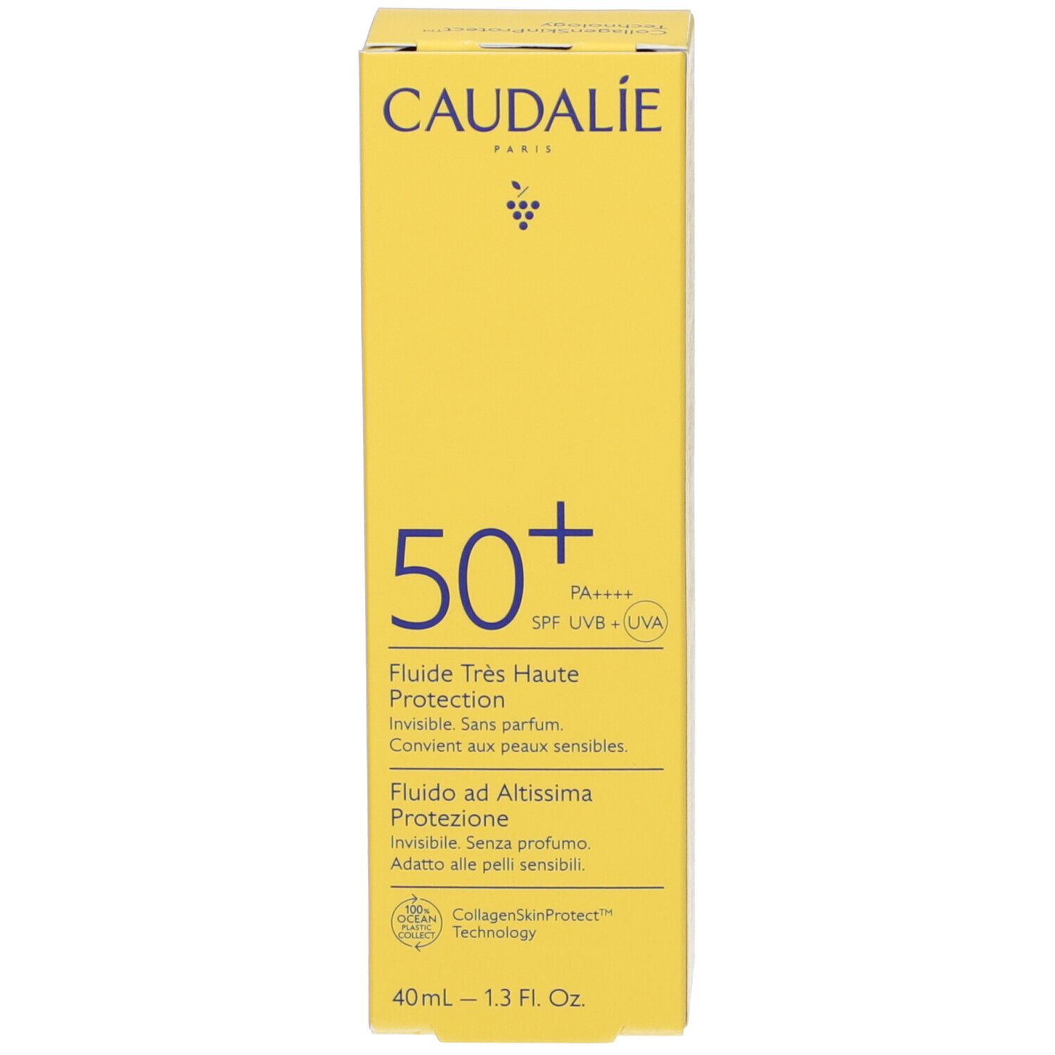 Gelbe Schachtel mit weißer Schrift. Oben steht CAUDALIE PARIS. Darunter 50+ und weitere Angaben. Aufschrift: Fluide Très Haute Protection.