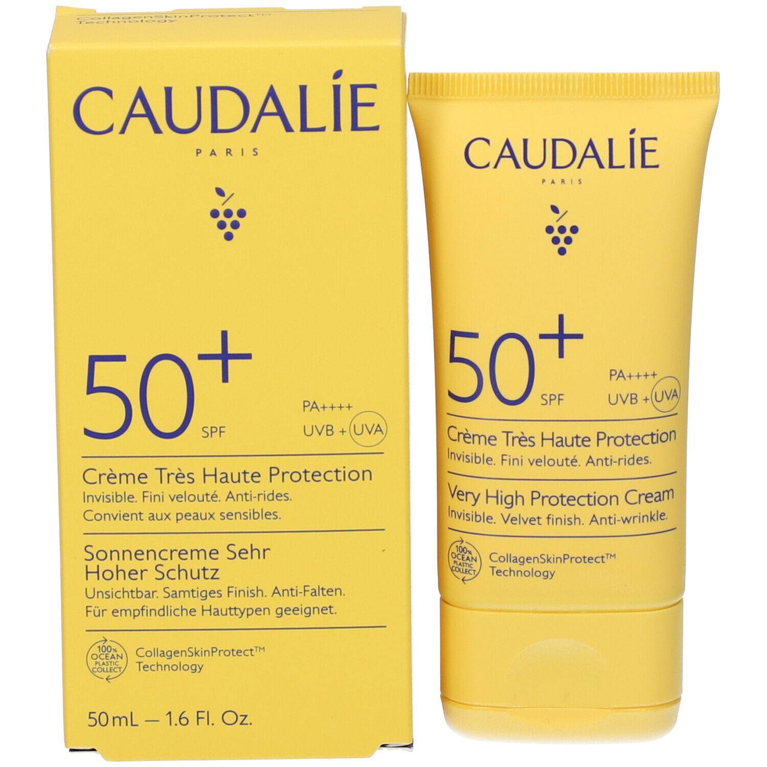 Gelbe Schachtel und Tube. Aufschrift CAUDALIE, 50+ SPF, Sonnencreme. Logos und Text.