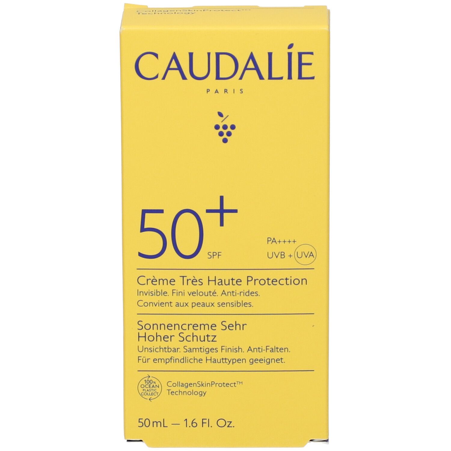 Gelbe Schachtel mit Aufschrift CAUDALIE, 50+ SPF, Sonnencreme. Logos und Text.