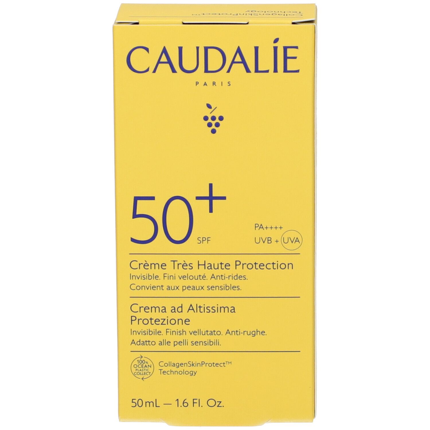 Gelbe Schachtel mit Aufschrift CAUDALIE, 50+ SPF, Crema ad Altissima Protezione. Logos und Text.