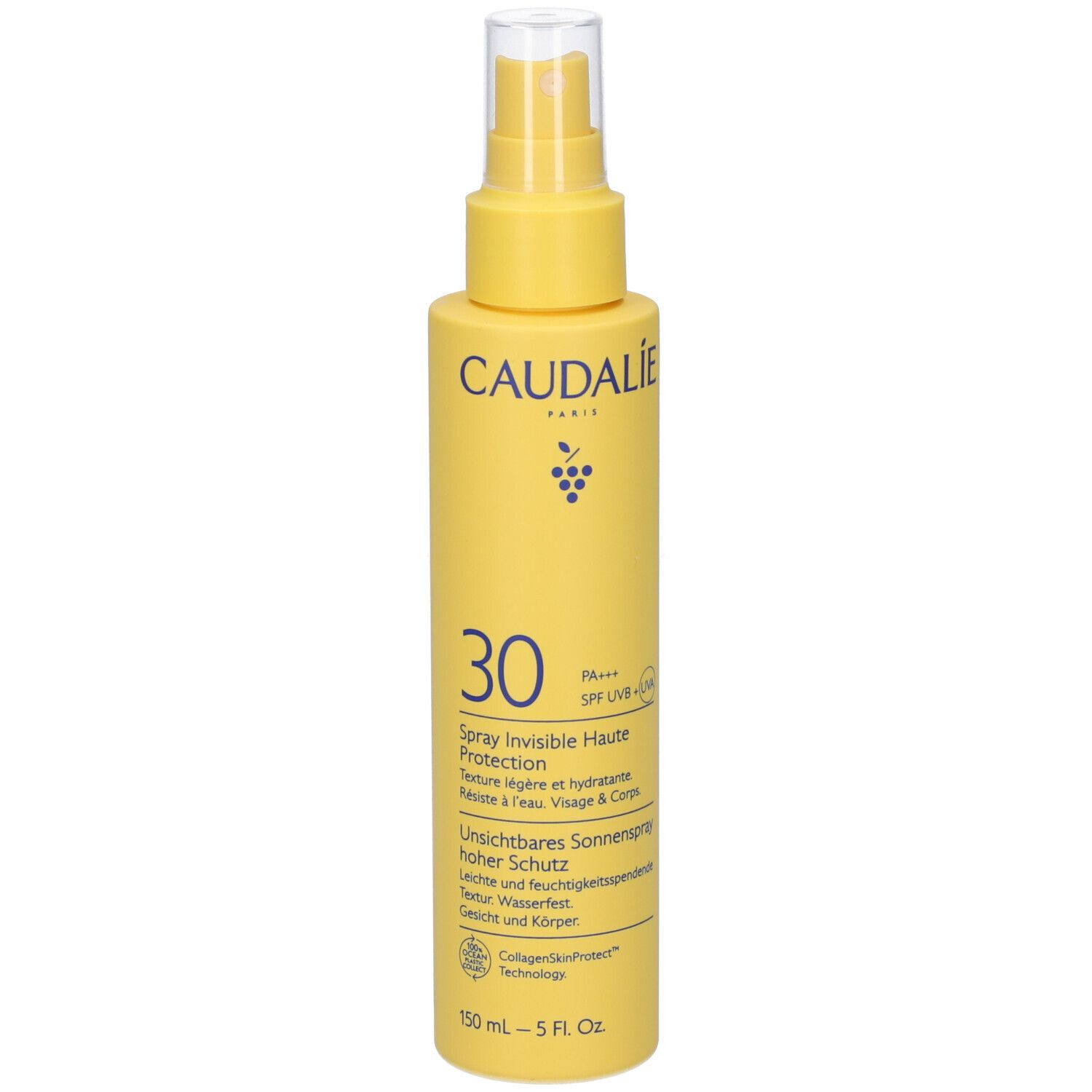 Gelbe Sprühflasche mit weißem Sprühkopf. Aufschrift: Caudalie, 30, Spray Invisible Haute Protection. 150 ml.
