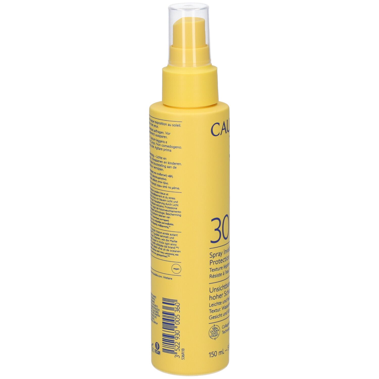 Gelbe Sprühflasche, Rückseite mit Text. Aufschrift: 3 522930 053630. Informationen und Symbole.