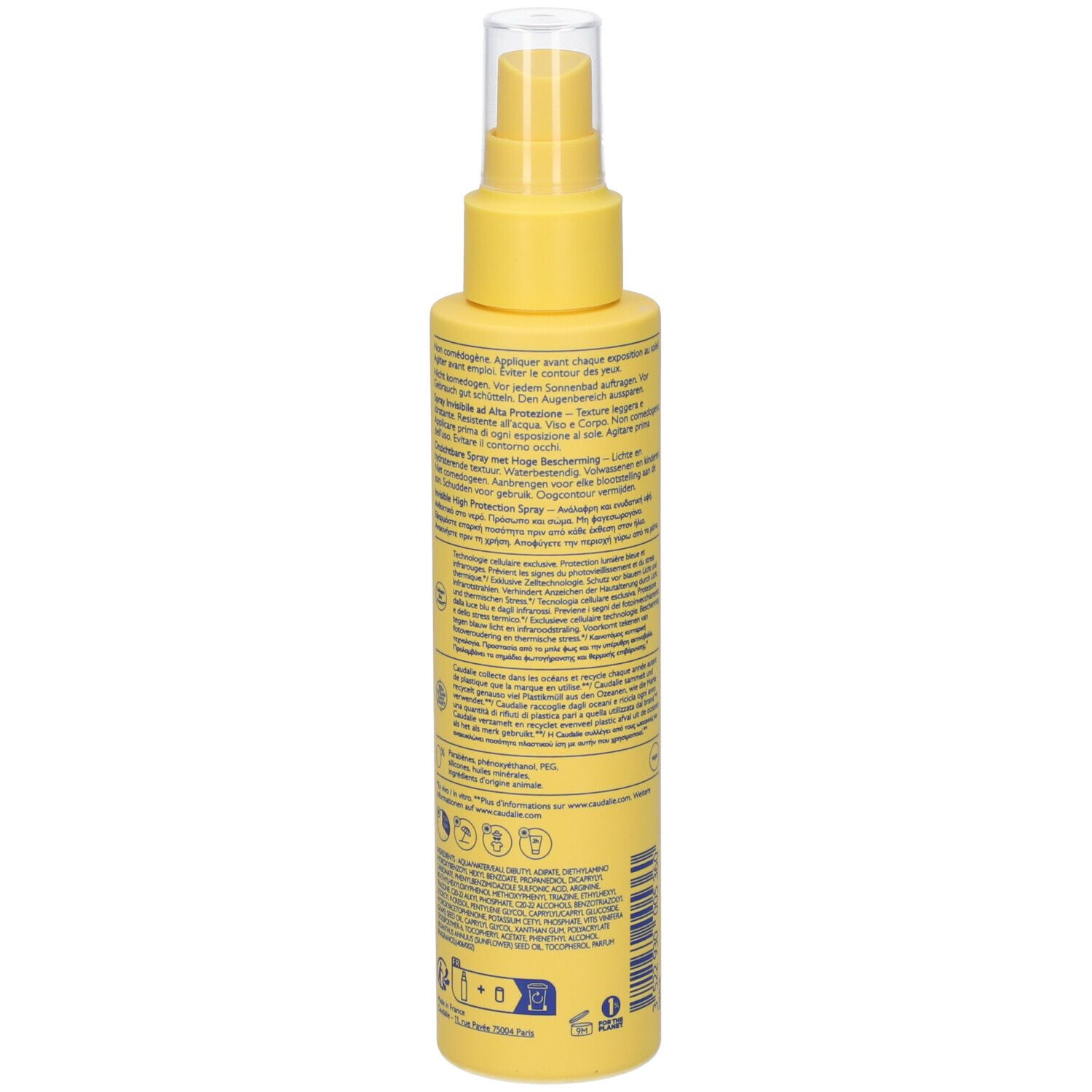 Gelbe Sprühflasche, Rückseite mit Text. Informationen und Symbole. Aufschrift: Caudalie.