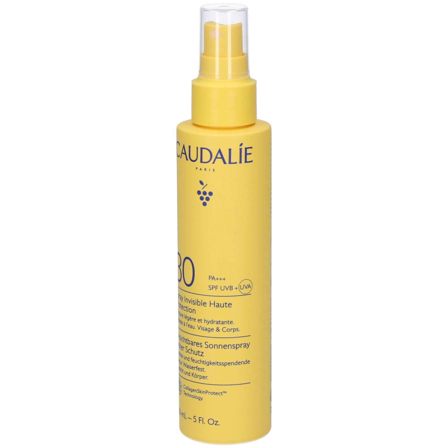 Gelbe Sprühflasche mit weißem Sprühkopf. Aufschrift: Caudalie, 30, Spray Invisible Haute Protection. 150 ml.