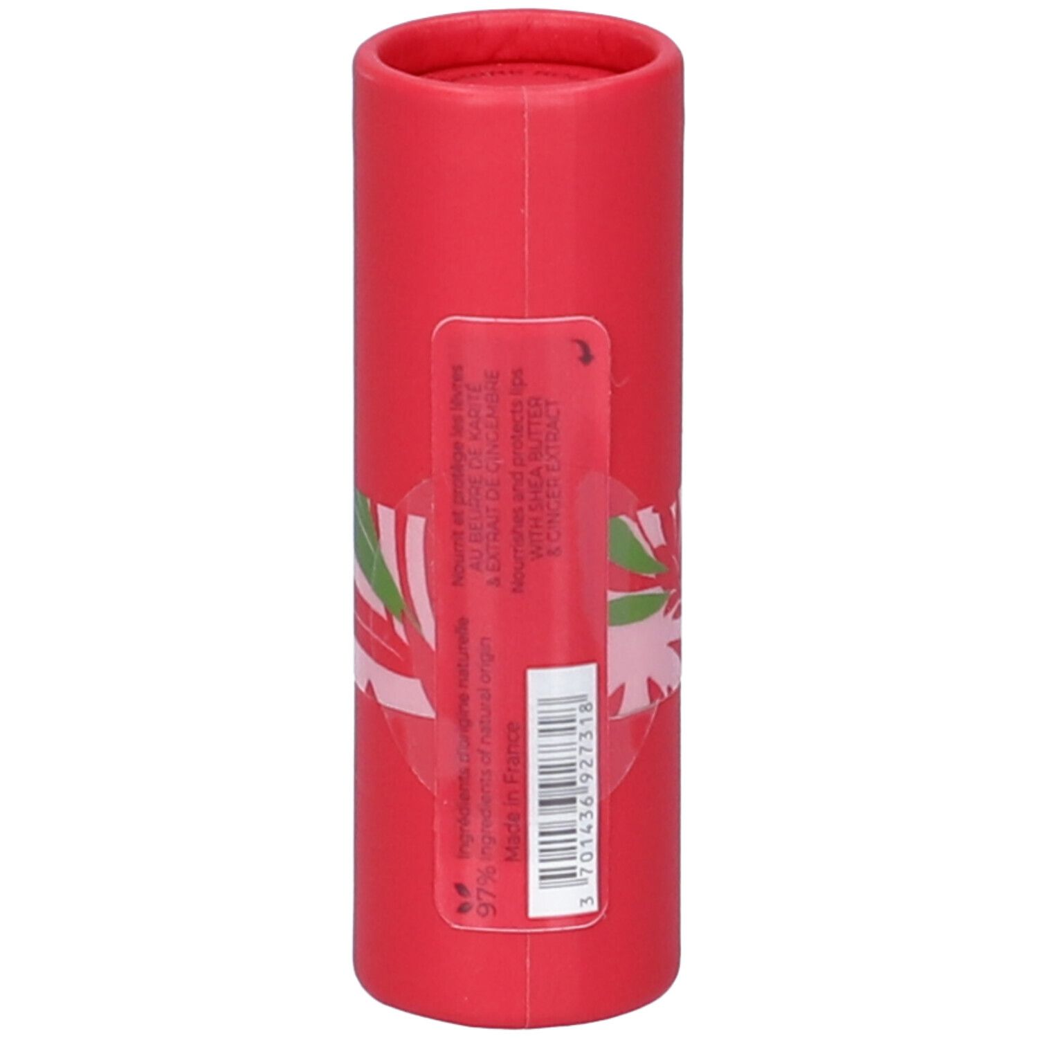 Rote Röhre mit Etikett, das Inhaltsstoffe und Herkunft angibt. 97% natürliche Inhaltsstoffe.