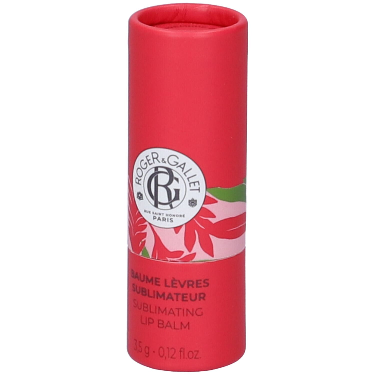 Roger & Gallet Lippenbalsam in roter Röhre mit Blumenmuster. 3,5g.