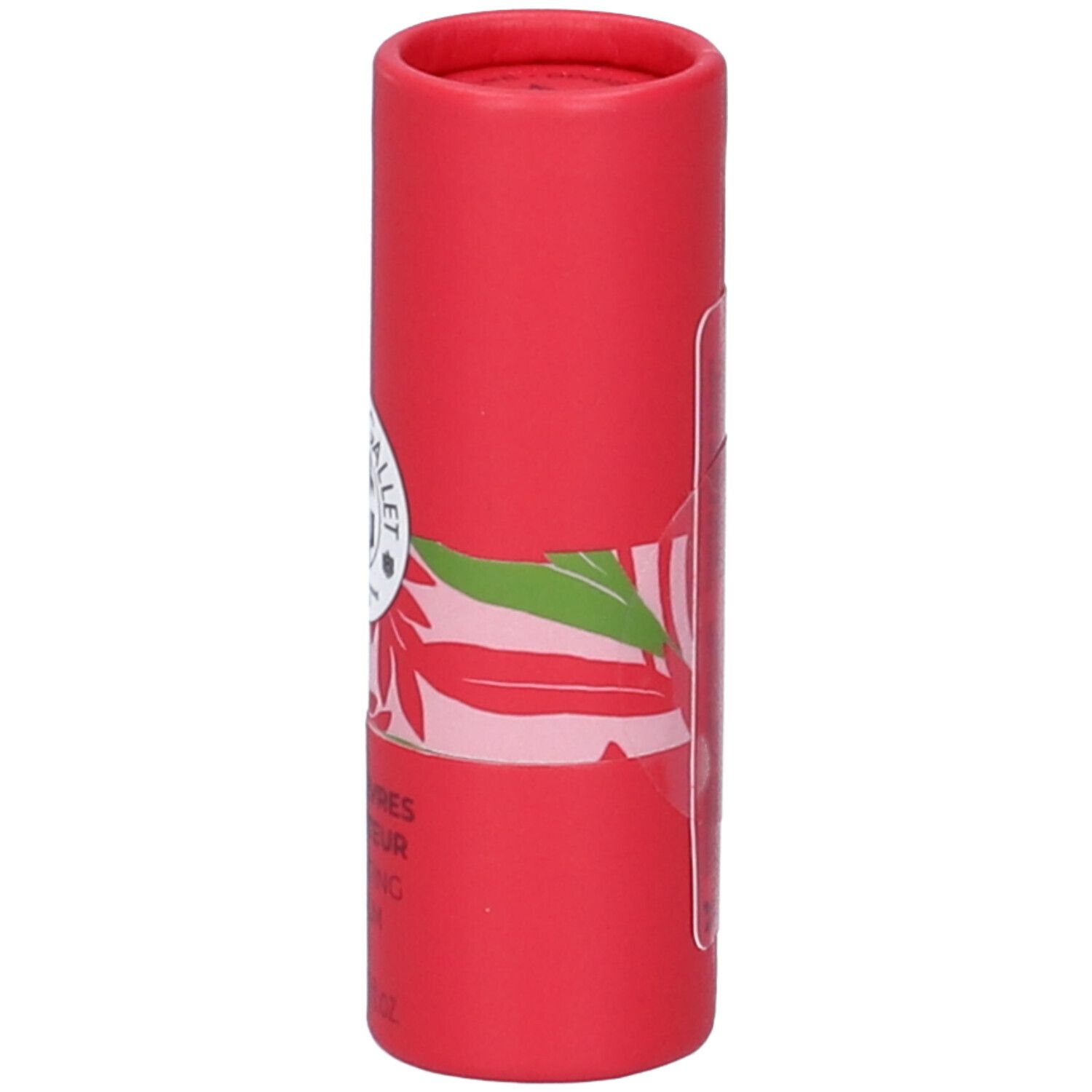 Rote Röhrenverpackung mit Blumenmuster und Text.