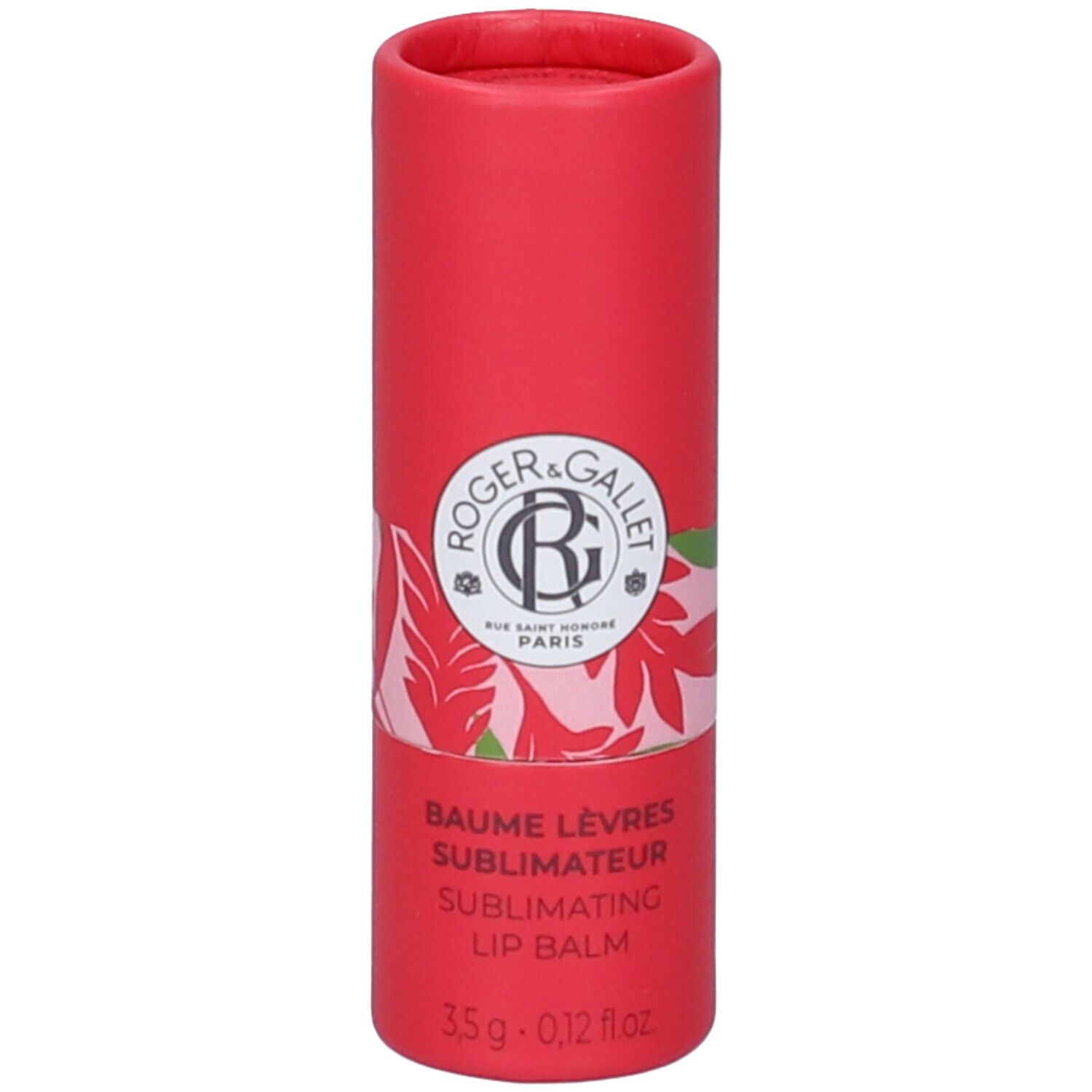 Roger & Gallet Lippenbalsam in roter Röhre mit floralem Muster. 3,5g.