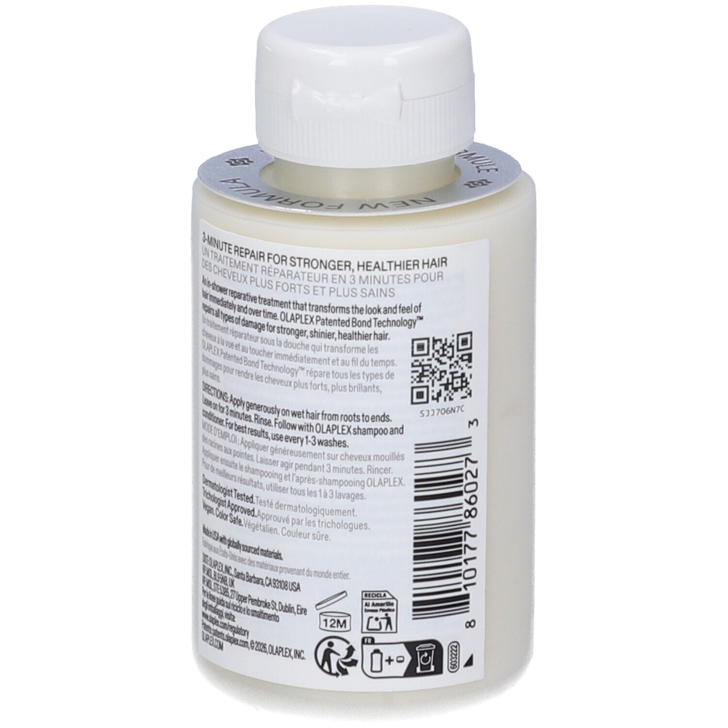 Rückansicht einer beige Flasche mit weißem Deckel. Text auf Etikett: 3-MINUTE REPAIR FOR STRONGER, HEALTHIER HAIR.