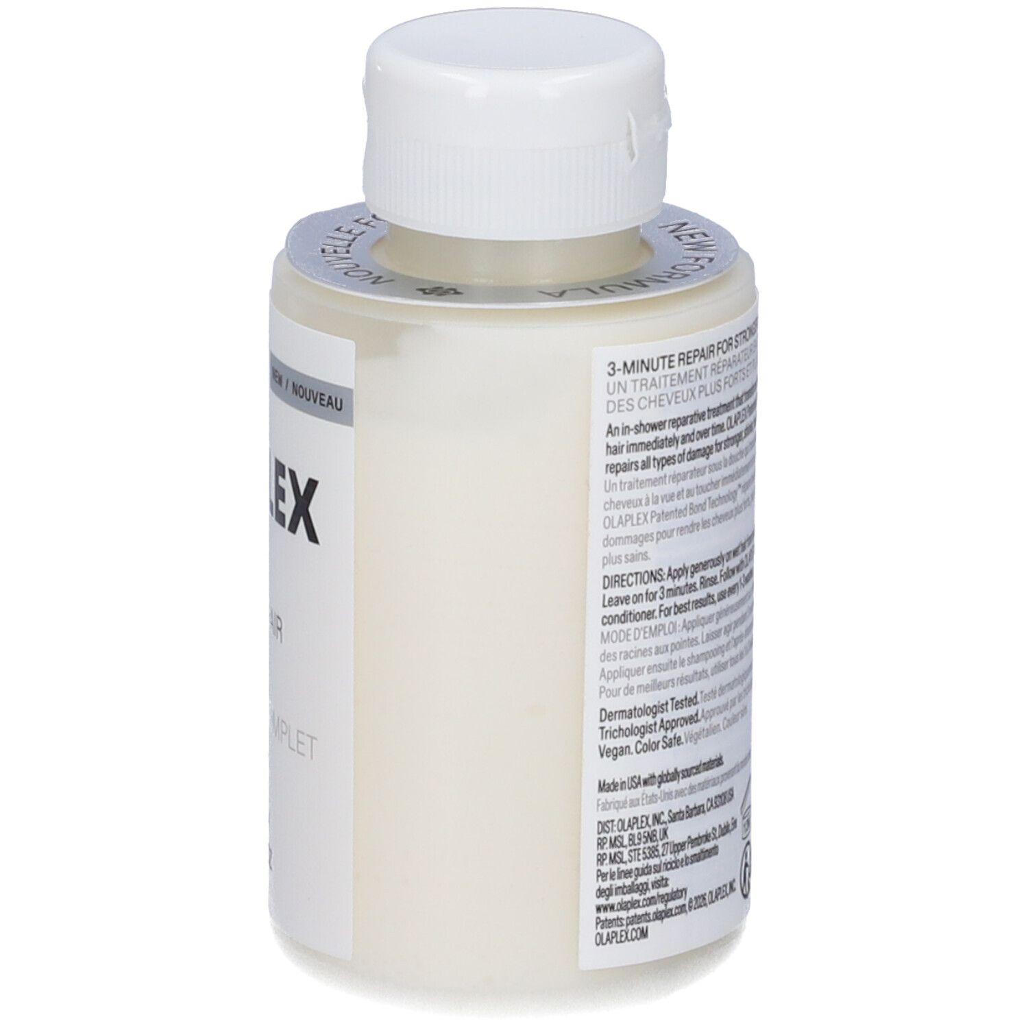 Rückansicht einer beige Flasche mit weißem Deckel. Text auf Etikett: 3-MINUTE REPAIR FOR STRONGER, HEALTHIER HAIR.