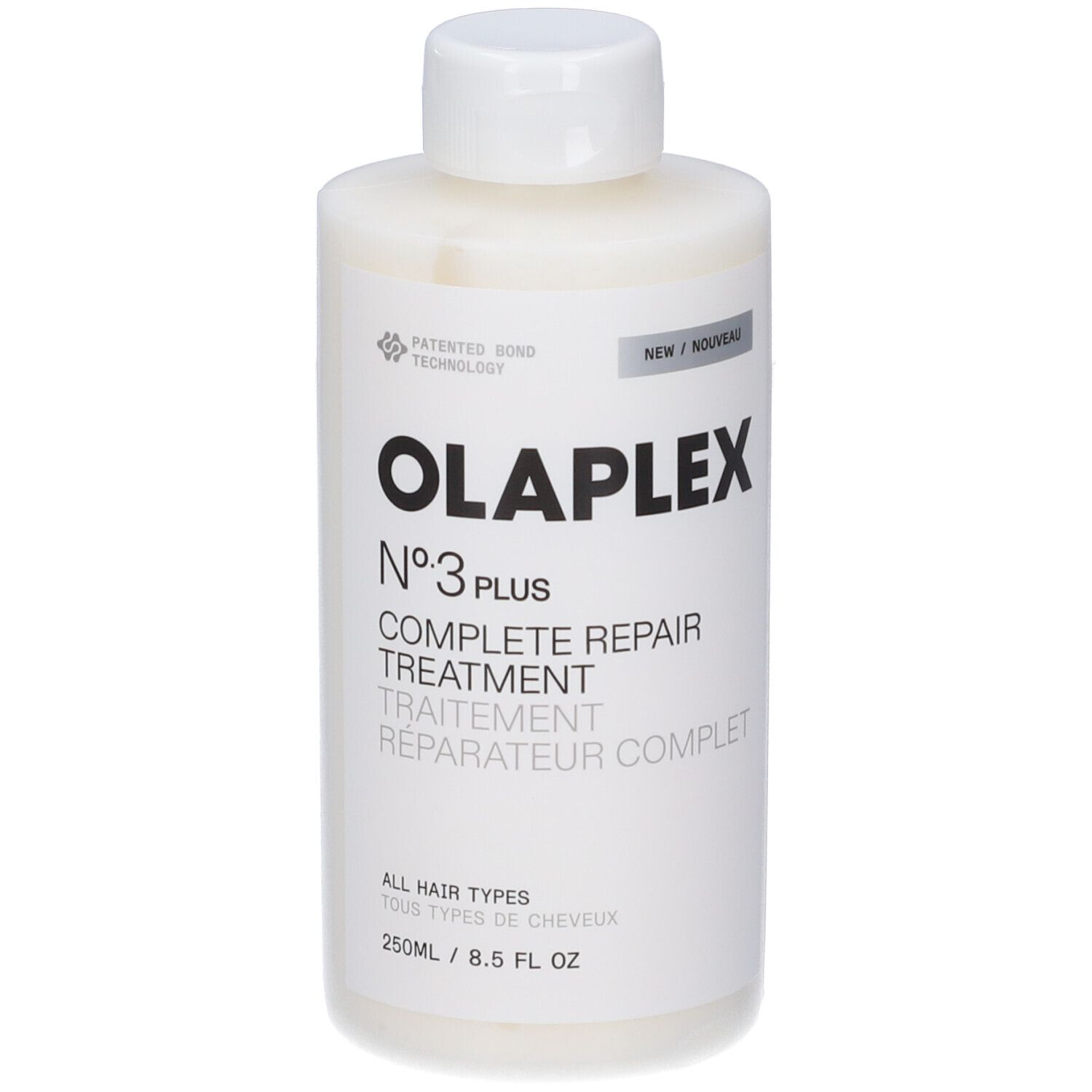 Olaplex N°3 Plus Complete Repair Treatment. Weiße Flasche mit weißem Deckel. Schwarzer Schriftzug. 250ml.