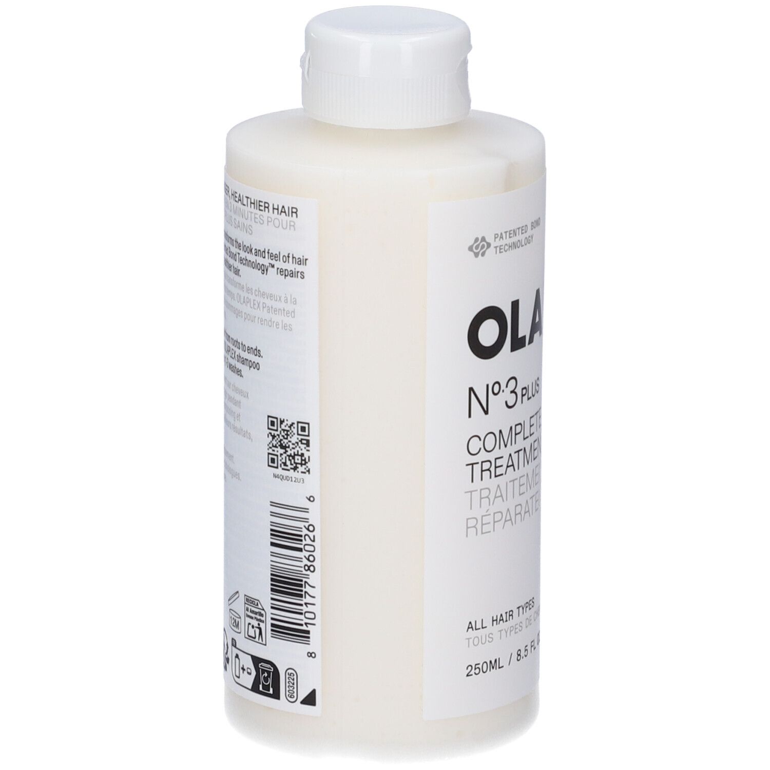 Olaplex N°3 Plus Complete Repair Treatment. Weiße Flasche mit weißem Deckel. Etikett mit Text und Barcode.