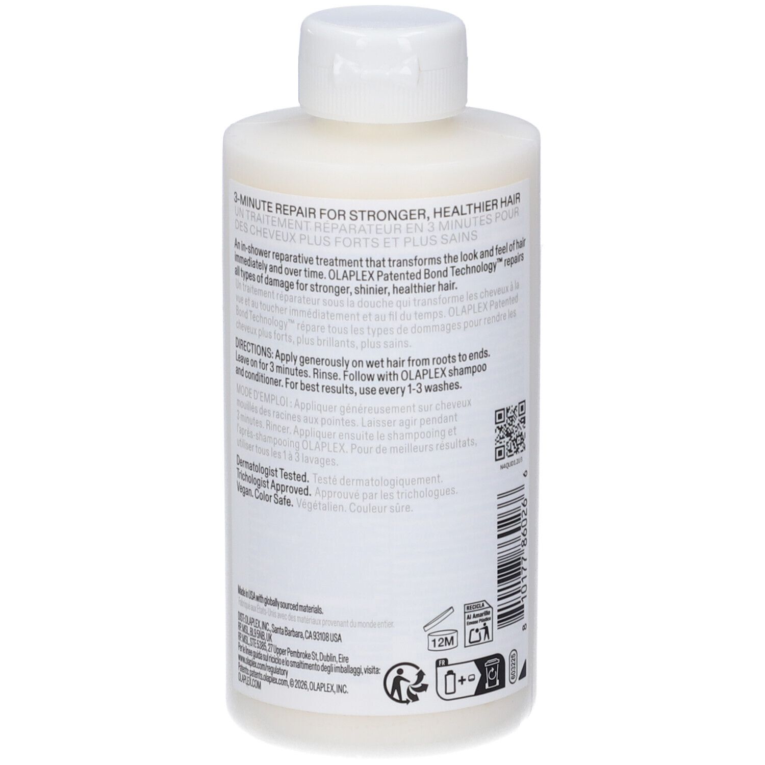 Olaplex N°3 Plus Complete Repair Treatment. Rückseite der Flasche. Text, Barcode, Logos. Weißer Deckel.