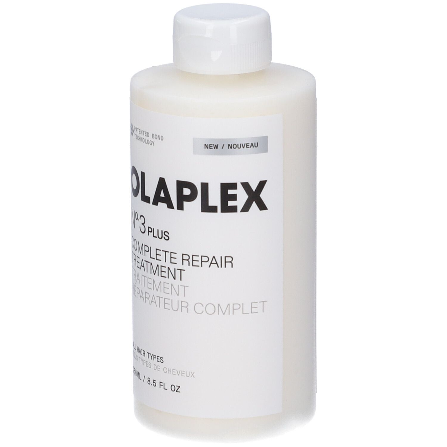 Olaplex N°3 Plus Complete Repair Treatment. Weiße Flasche mit weißem Deckel. Schwarzer Schriftzug. 250ml.