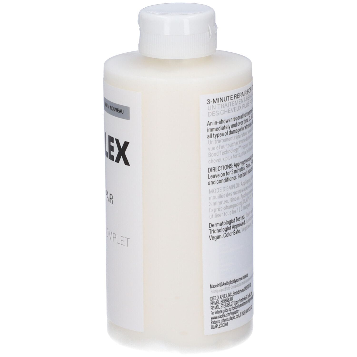 Olaplex N°3 Plus Complete Repair Treatment. Flaschenseite mit Text. Weißer Deckel. Schwarzer Schriftzug.
