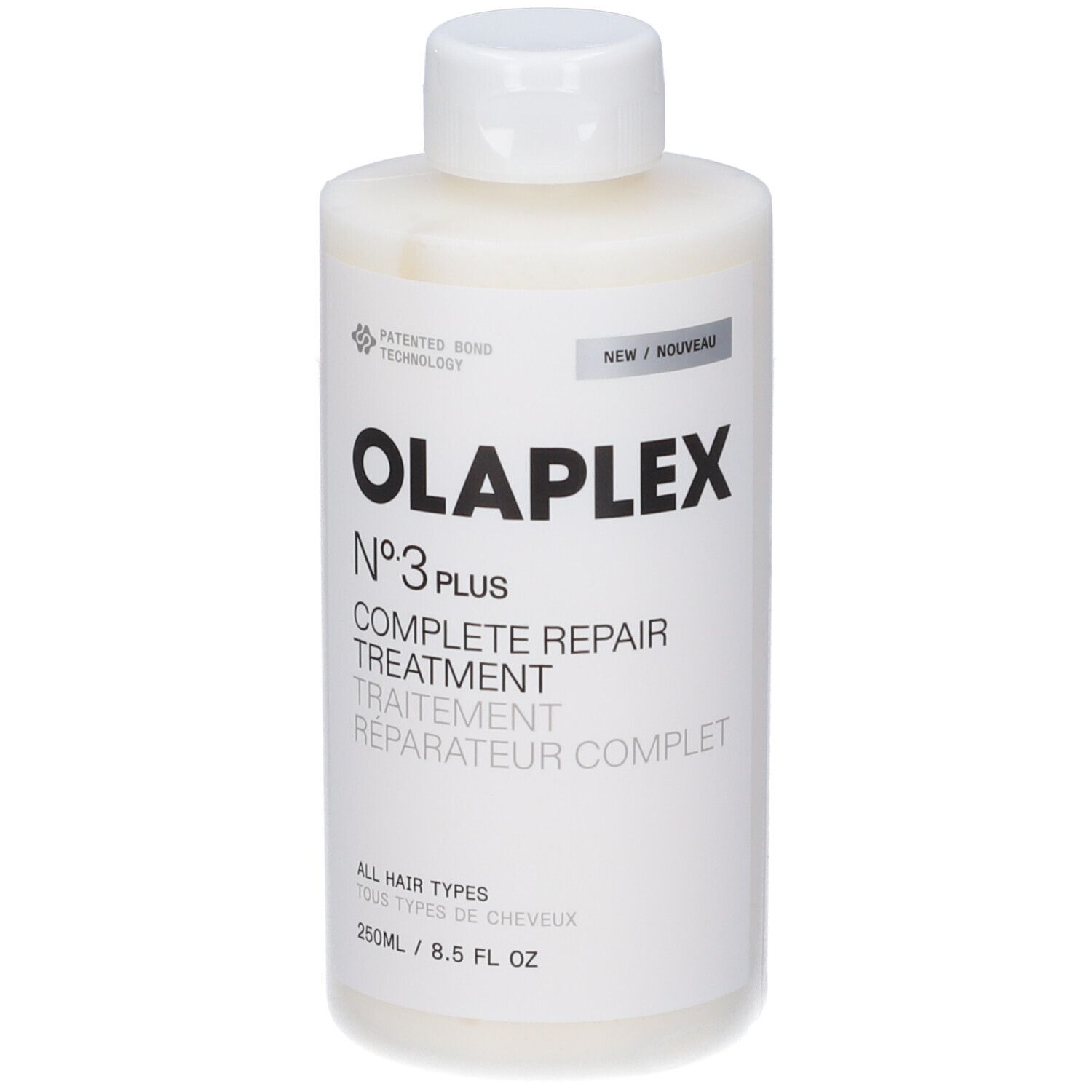 Olaplex N°3 Plus Complete Repair Treatment. Weiße Flasche mit weißem Deckel. Schwarzer Schriftzug. 250ml.