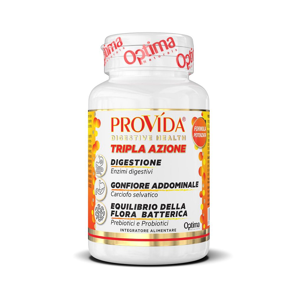 Weiße Dose mit Provida® Dreifachwirkung Kapseln, Fokus auf Verdauung, Blähungen und Darmflora.