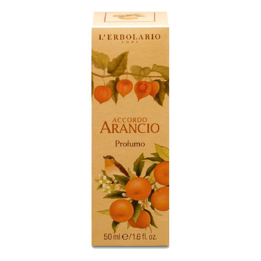Parfümverpackung mit Orangenmotiv und Vogel. L'Erbolario Accordo Arancio Profumo, 50 ml.