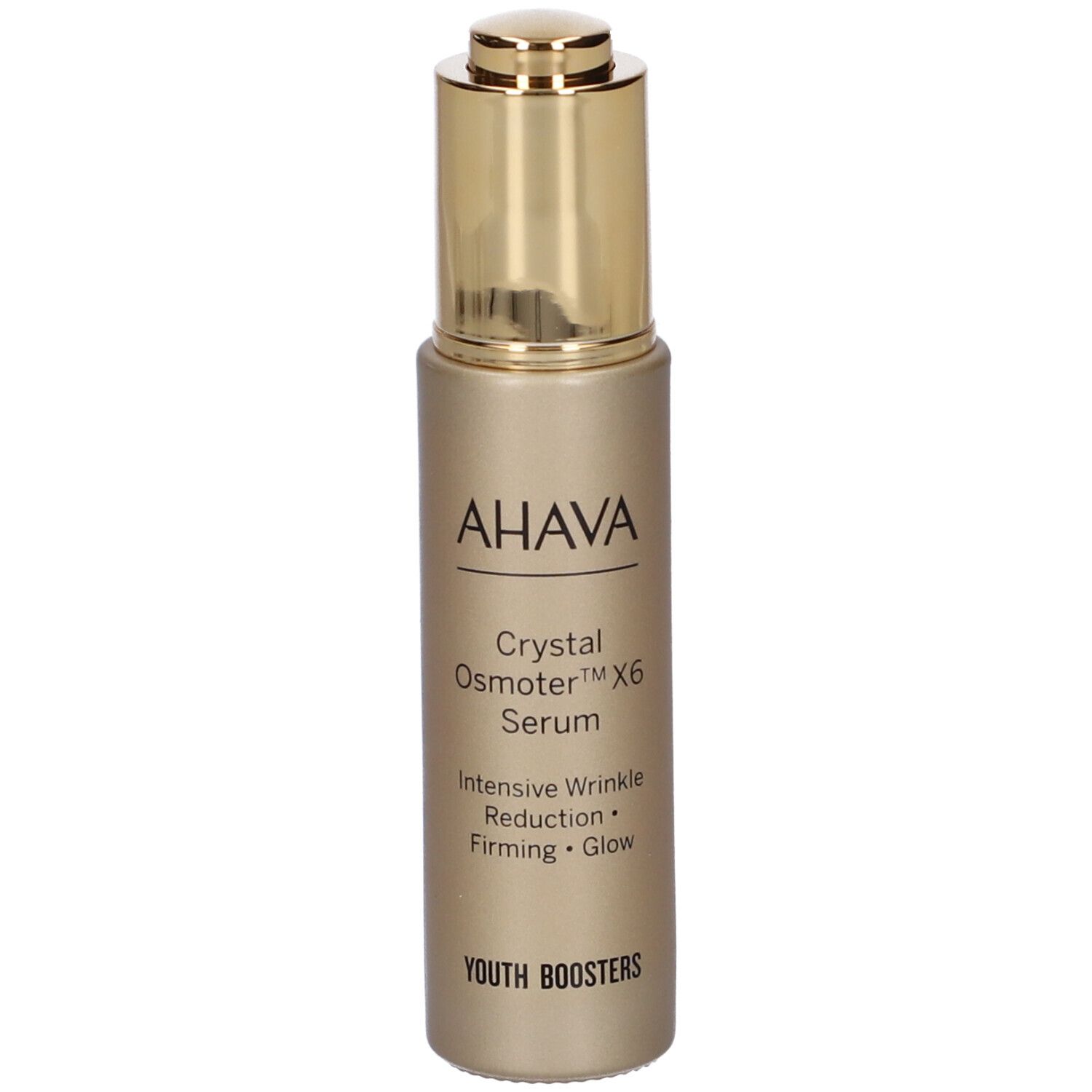 AHAVA Crystal Osmoter X6 Serum. Goldfarbene Flasche mit goldener Kappe. Aufschrift: Intensive Faltenreduktion, Straffung, Glanz.