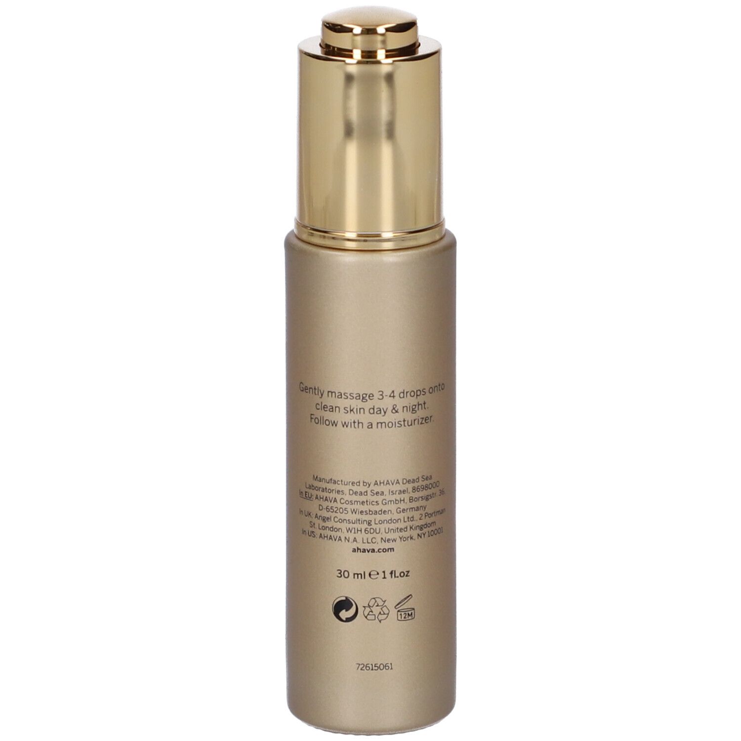 AHAVA Crystal Osmoter X6 Serum. Goldfarbene Flasche. Rückseite mit Anwendungshinweisen und Herstellerinformationen.