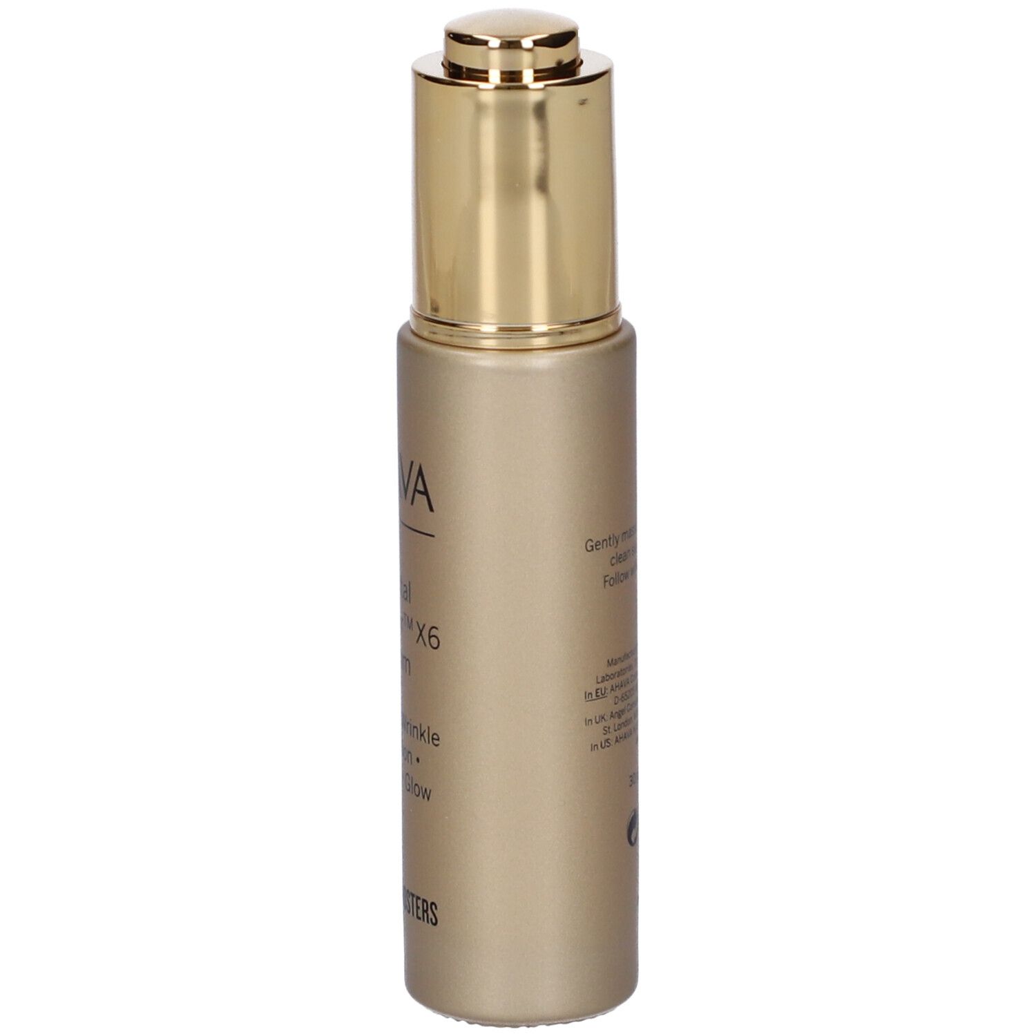 AHAVA Crystal Osmoter X6 Serum. Goldfarbene Flasche. Aufschrift: Intensive Faltenreduktion, Straffung, Glanz.