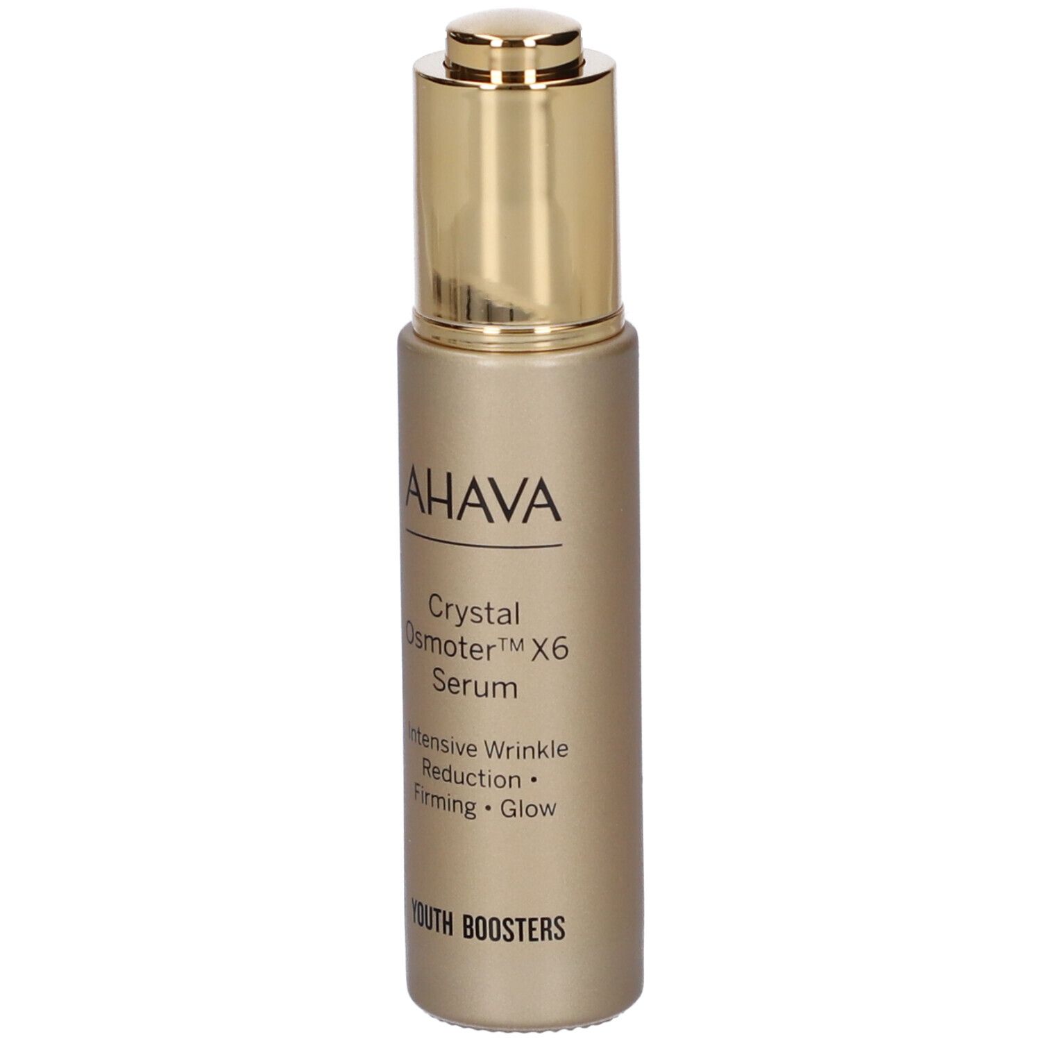 AHAVA Crystal Osmoter X6 Serum. Goldfarbene Flasche. Aufschrift: Intensive Faltenreduktion, Straffung, Glanz.