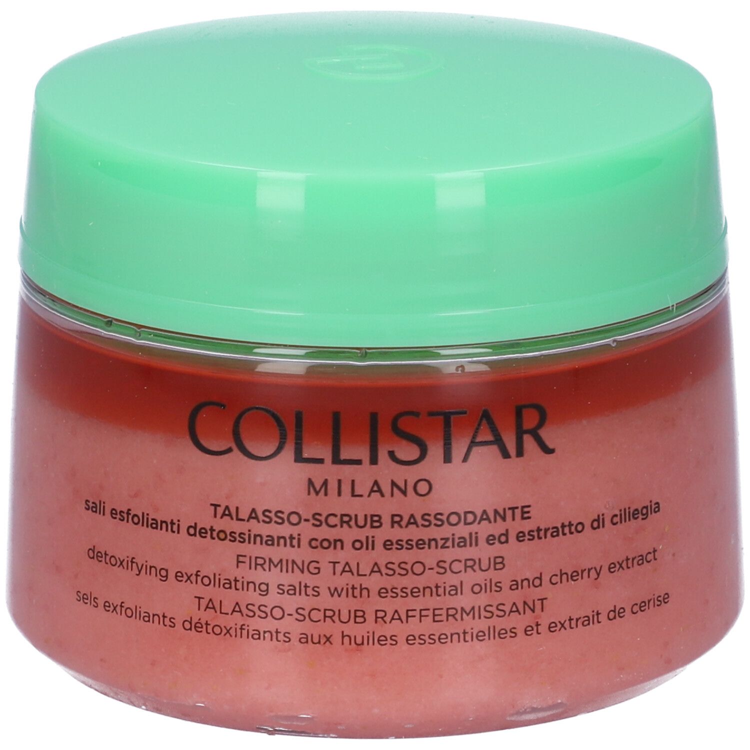 Runder Tiegel mit grünem Deckel. Rosa Inhalt. Schriftzug Collistar Milano. Talasso-Scrub Rassodante.
