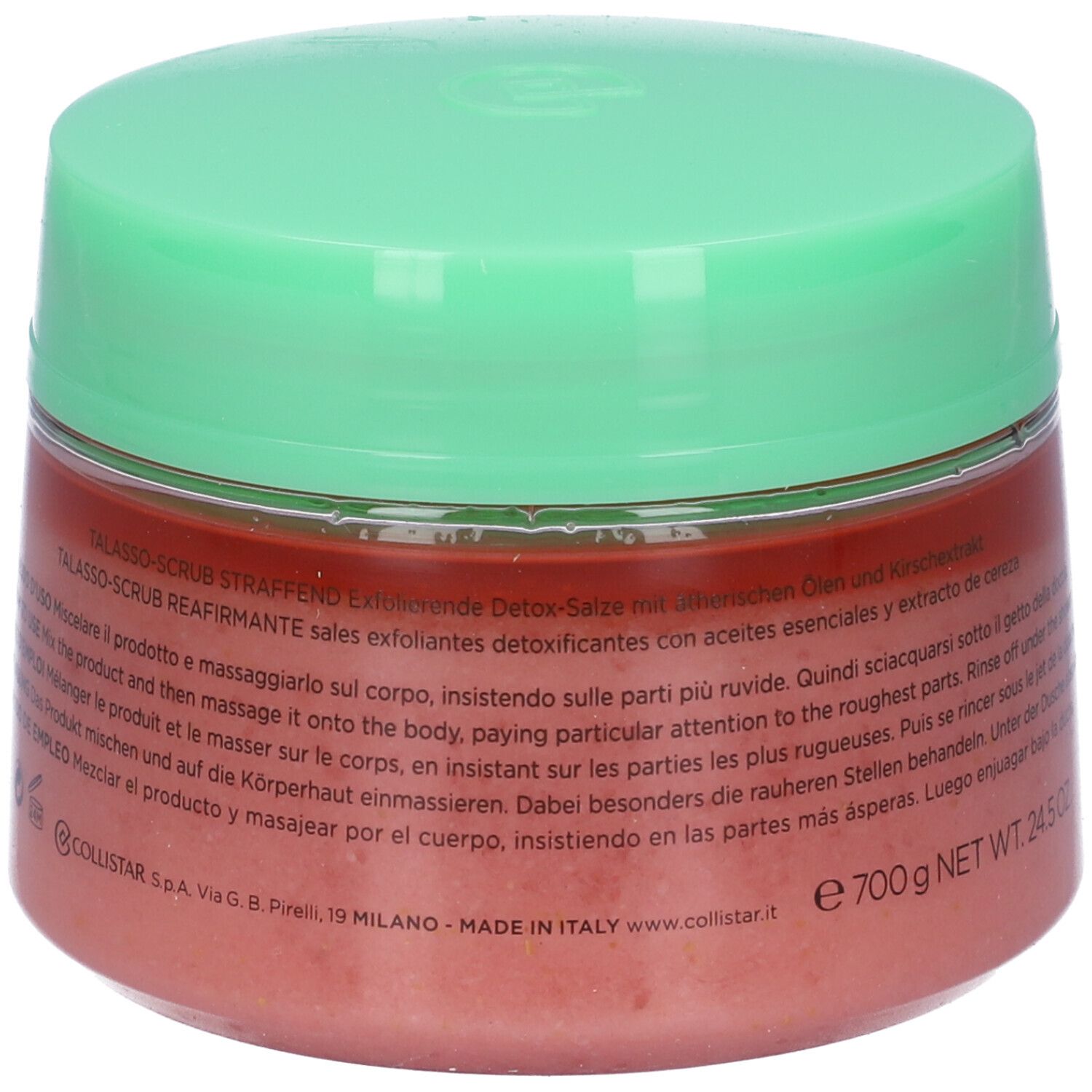 Runder Tiegel mit grünem Deckel. Rosa Inhalt. Text auf Italienisch und Englisch. Gewicht 700g.