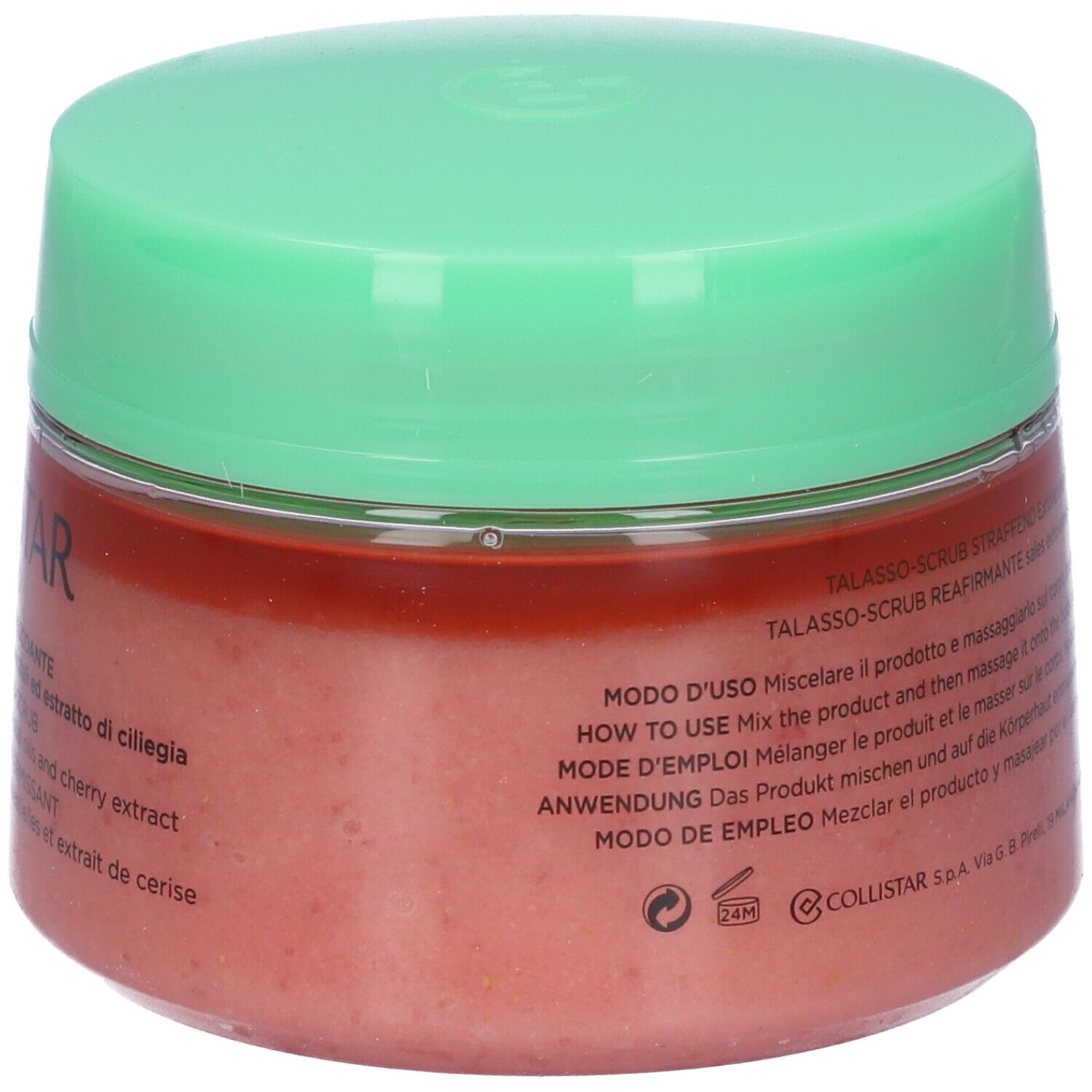 Runder Tiegel mit grünem Deckel. Rosa Inhalt. Text auf Italienisch und Englisch. Gewicht 700g.