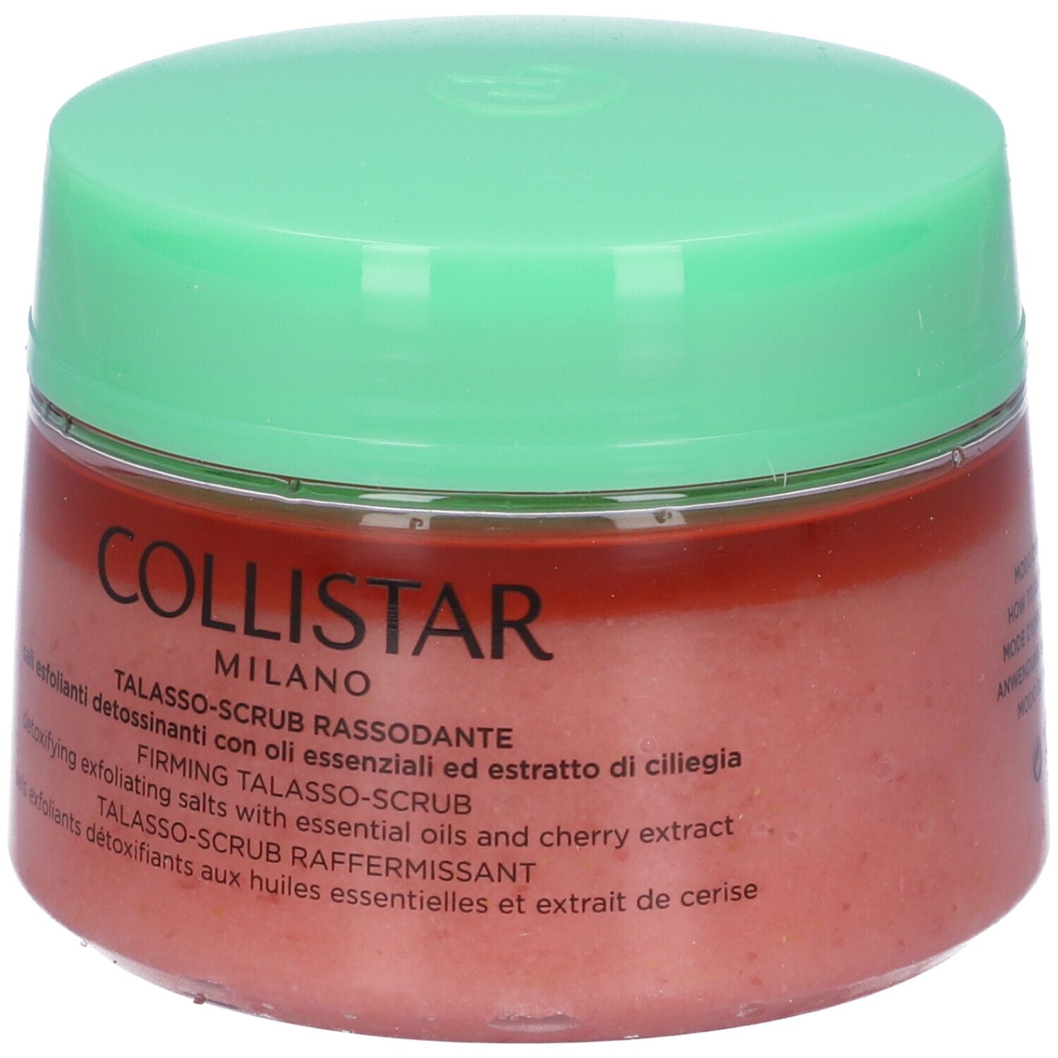Runder Tiegel mit grünem Deckel. Rosa Inhalt. Schriftzug Collistar Milano. Talasso-Scrub Rassodante.