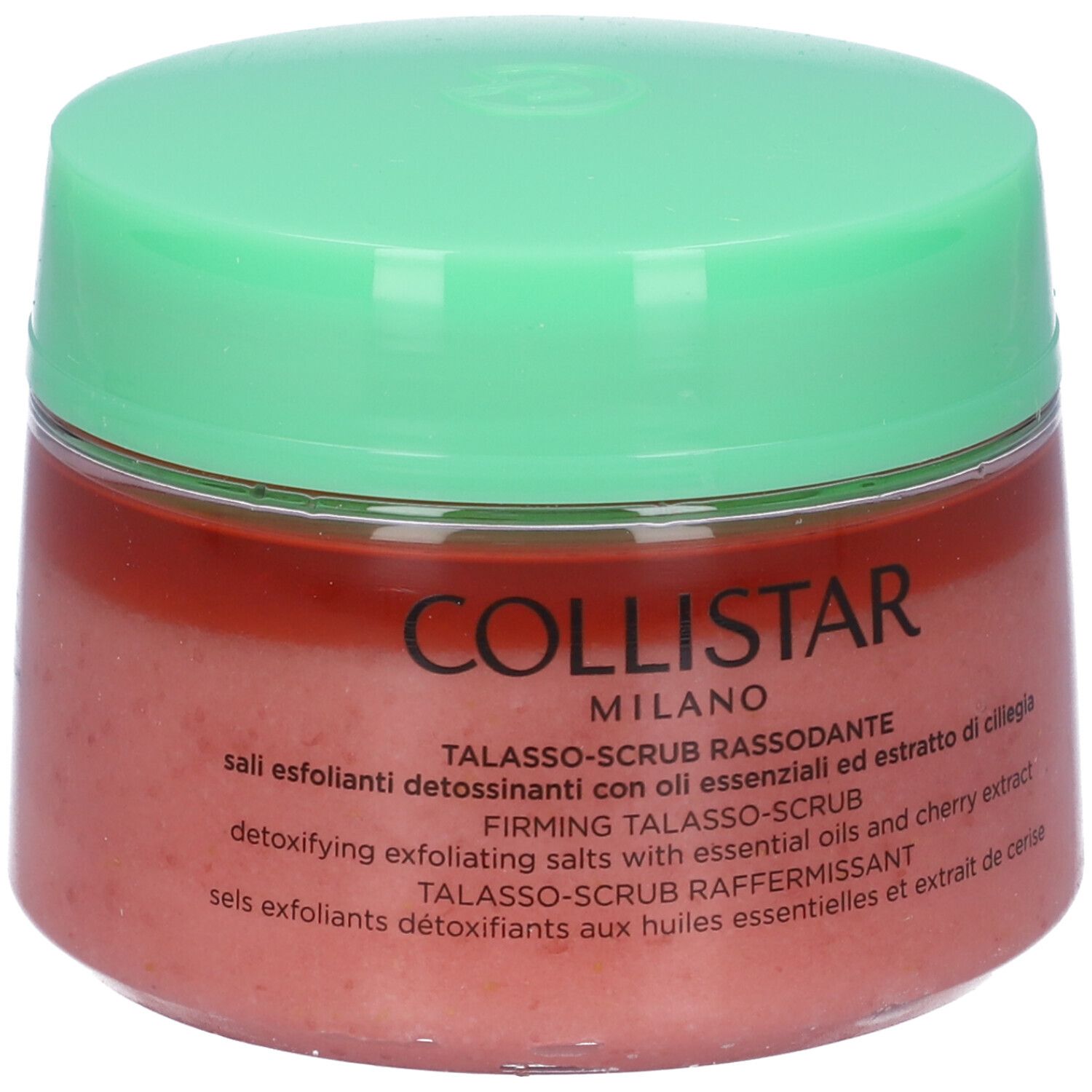 Runder Tiegel mit grünem Deckel. Rosa Inhalt. Schriftzug Collistar Milano. Talasso-Scrub Rassodante.