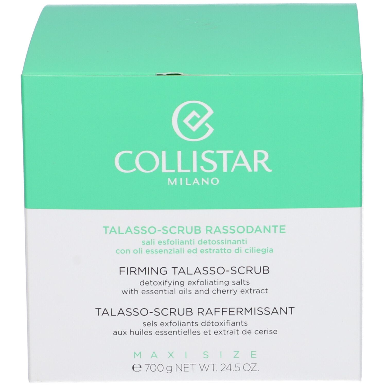 Grüne Produktverpackung. Schriftzug Collistar Milano. Talasso-Scrub Rassodante. Maxisize. Gewicht 700g.