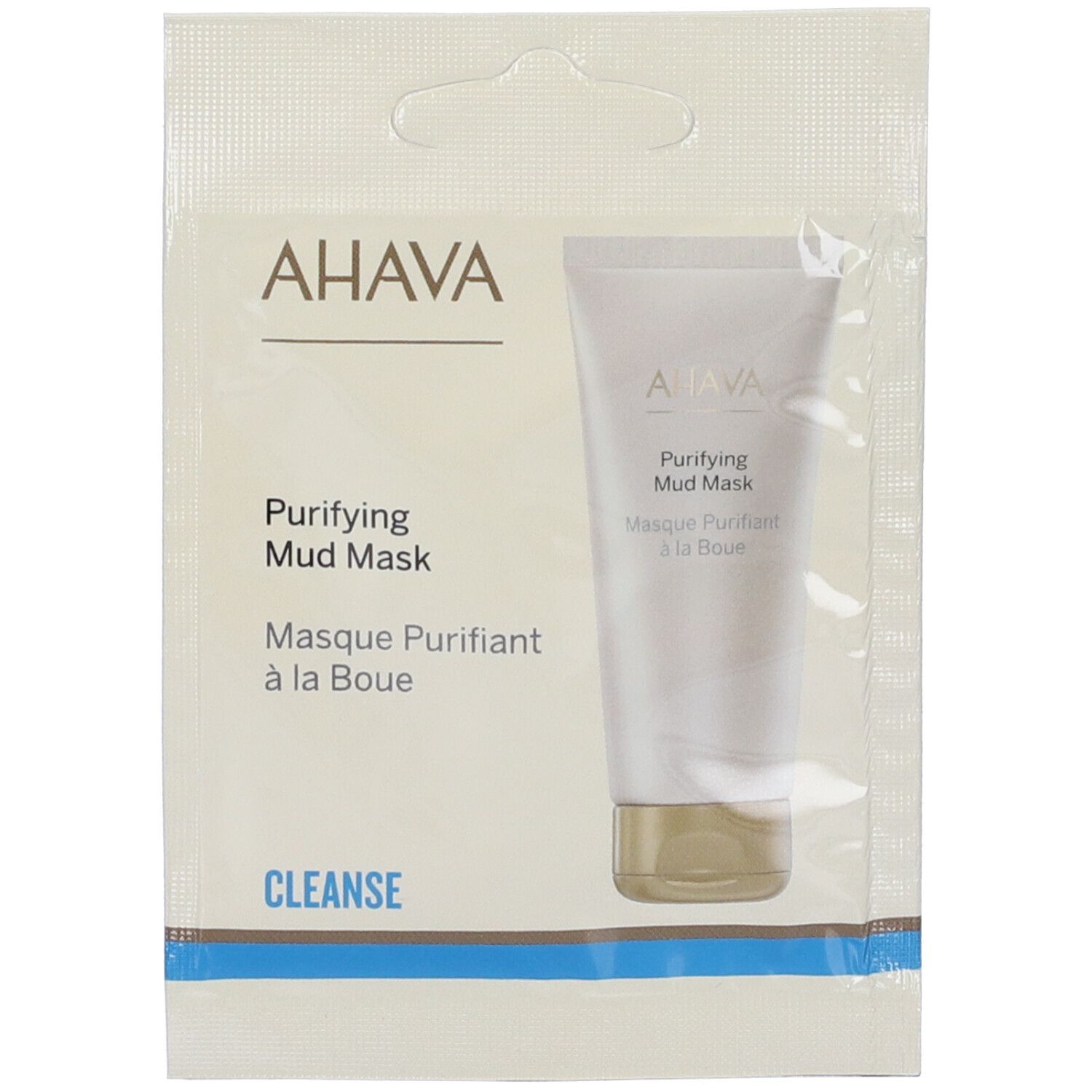 AHAVA-Gesichtsmaske in weißer Tube, verpackt in einem transparenten Beutel. Aufdruck: AHAVA, Purifying Mud Mask.
